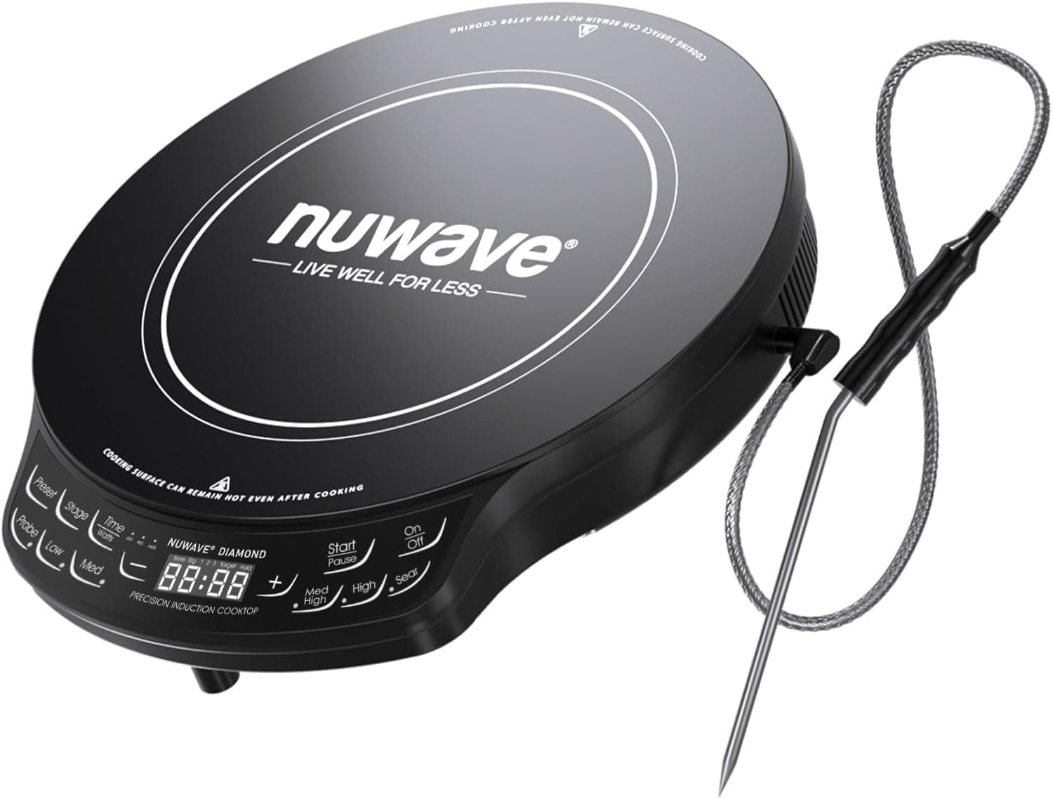 - Nuwave Diamond Induction Cooktop, New & Improved Electric Burner with Probe, 91 Temps 50°F to 500°F, 6.5” Heating Coil, Shatter-Proof Ceramic Glass, 3 Wattage Settings, Ideal for Dorms, RVs & Apts