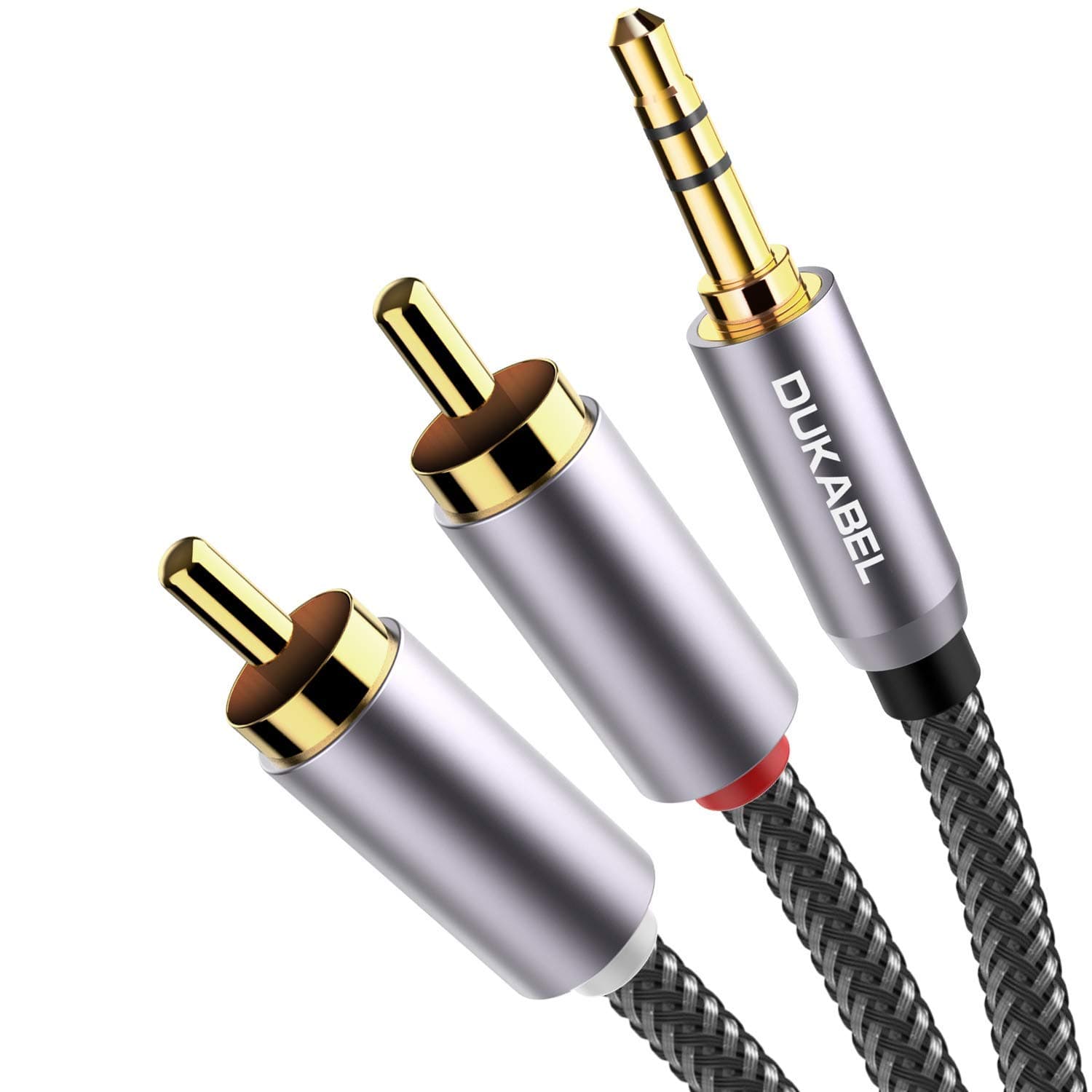 DUKABEL Top Series Long RCA Cables (16 Feet / 5 Meters) - 2-Male RCA to AUX Audio Cable with Crystal-Nylon Braided/24K Gold Plated/99.99% 4N OFC Conductor