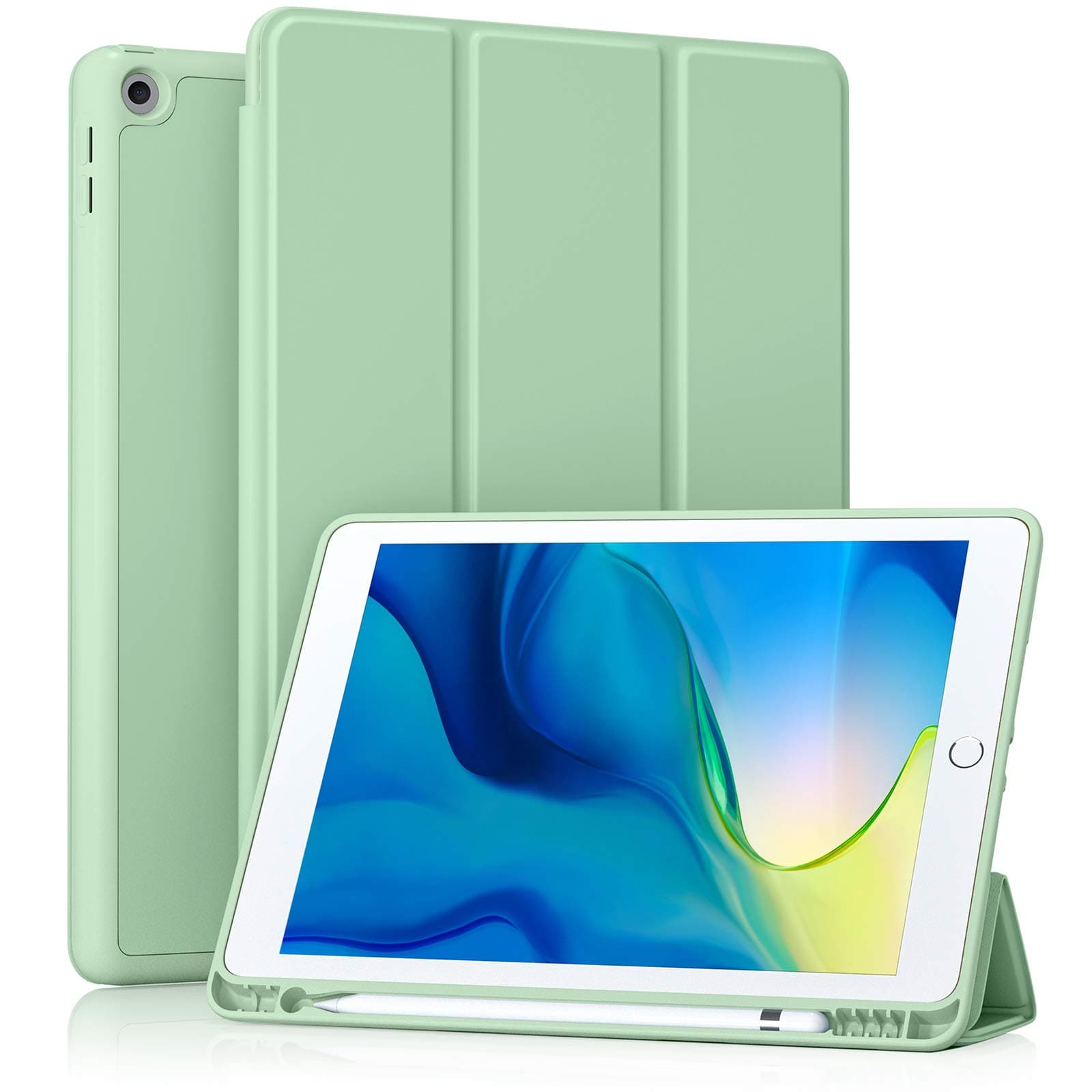 Akkerds Case Compatible with iPad 10.2 Inch 2021/2020/2019, for iPad 9th/8th/7th Generation Case with Pencil Holder, Protective with Soft TPU Back, Auto Sleep/Wake Cover, Matcha Green