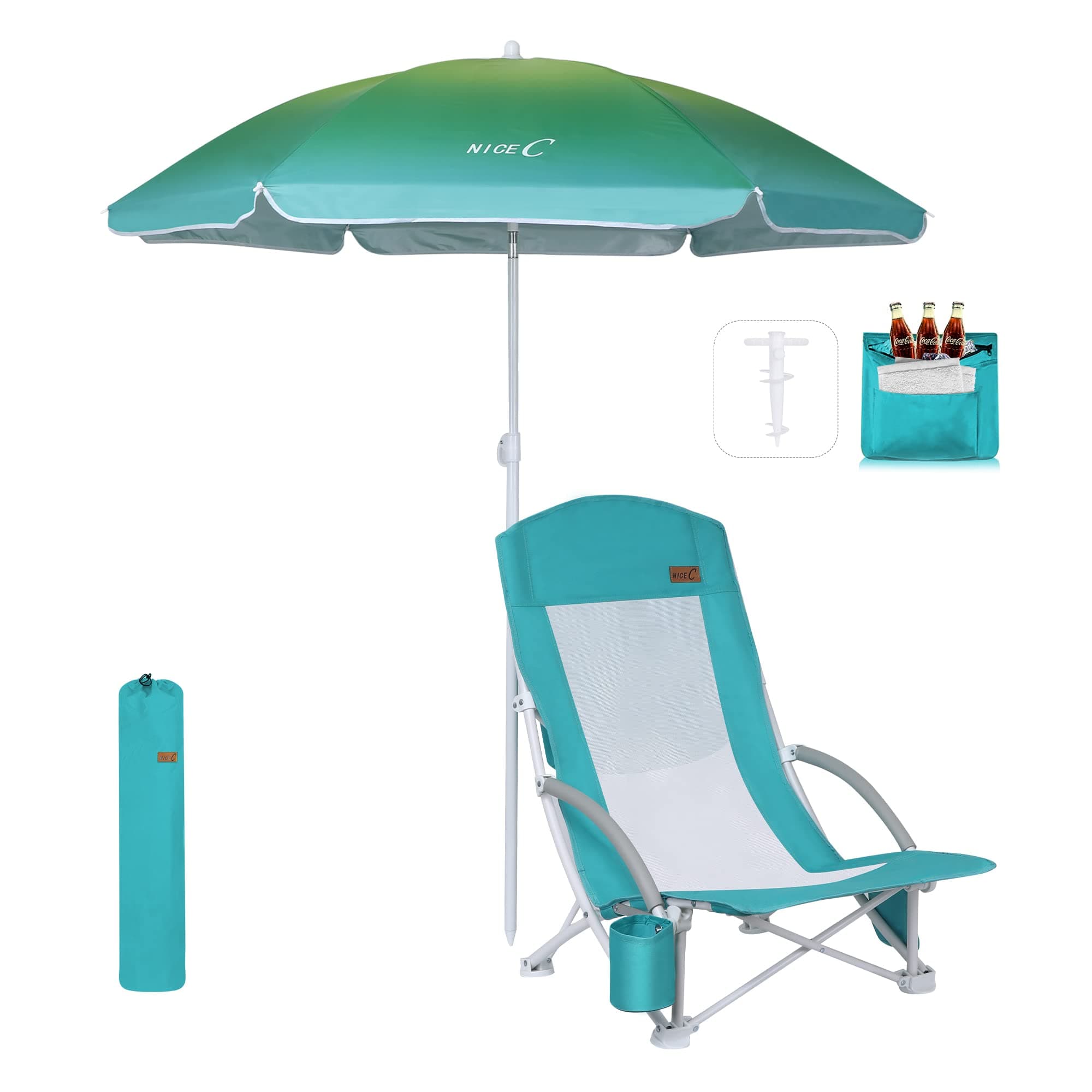 Nice C Beach Chair, Camping chair, Beach Chairs for Adults, with UPF 50 Umbrella and Cooler Bag, High Back, Cup Holder,Carry Bag,Heavy Duty, Outdoor(1 pack blue)