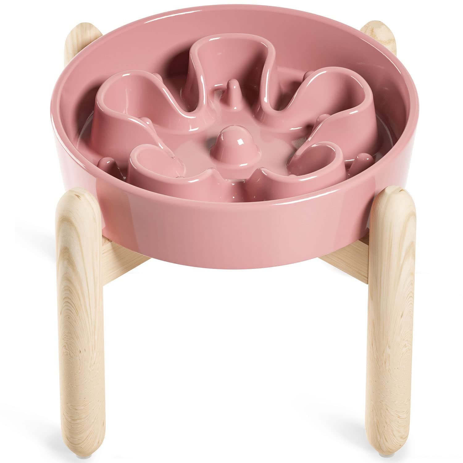 Ceramic Slow Feeder Raised Dog Bowls with Wooden Stand, Puzzle Feeder, Elevated Dog Dishes to Slow Down Eating, 8 Inch Anti-Gulping Pet Feeding Dishes for Medium Dog,Pink