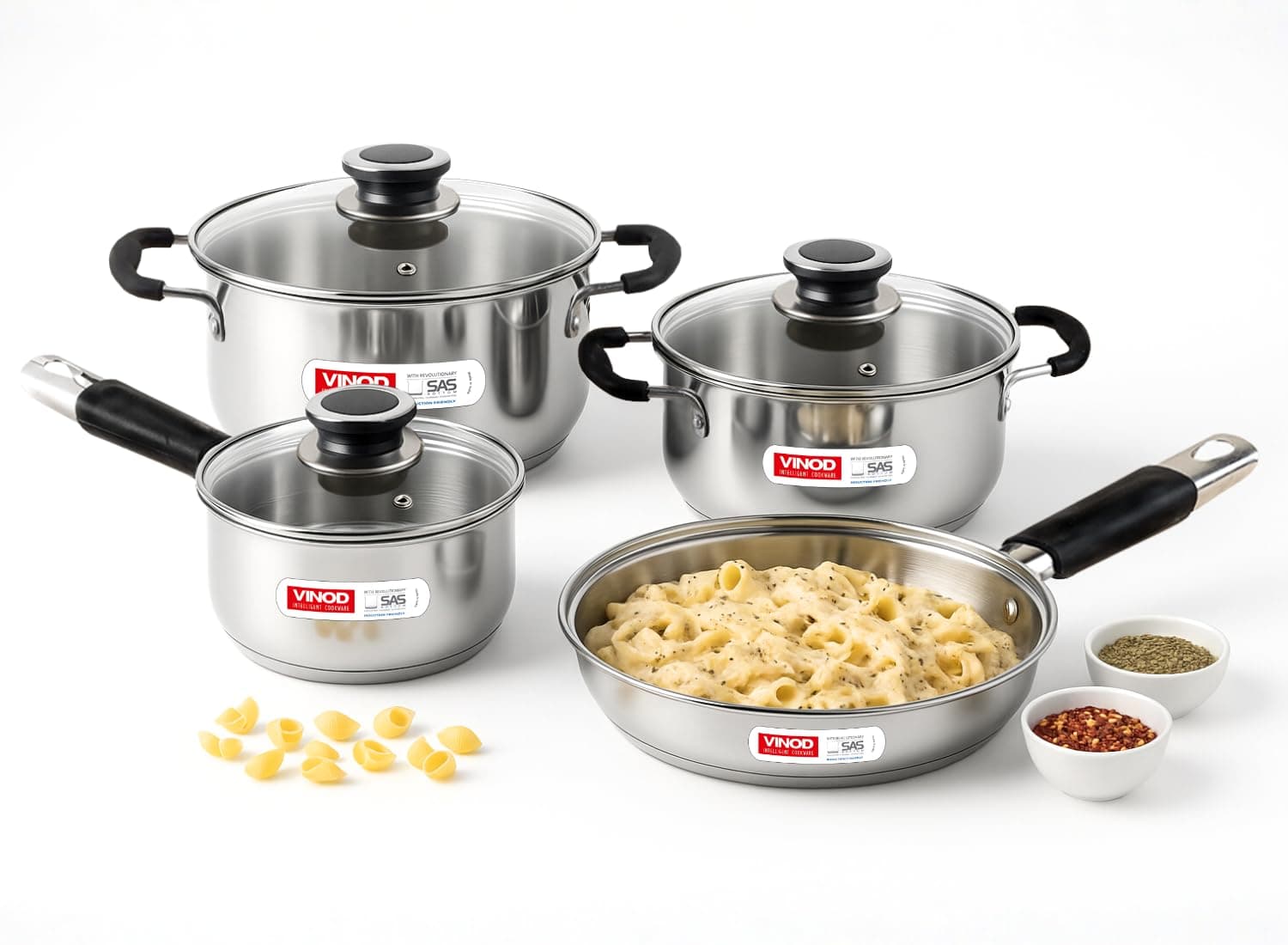 Stainless Steel Induction and Gas Stove Friendly Master Chef Cookware Set- 4Pieces, Saucepan (16 cm/1.5 Litre), Casserole (18 cm /2.1 L Kadai (20 cm/ 2 Litre) with Glass Lids, Frypan (20 cm).