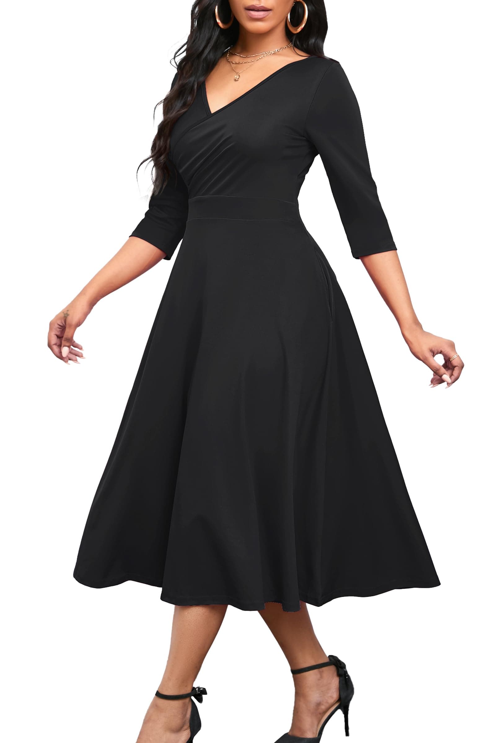 Women's Casual Wrap Flared Midi Dress Wedding Guest Cocktail Tea Dresses A-Line Swing V-Neck 3/4 Sleeve