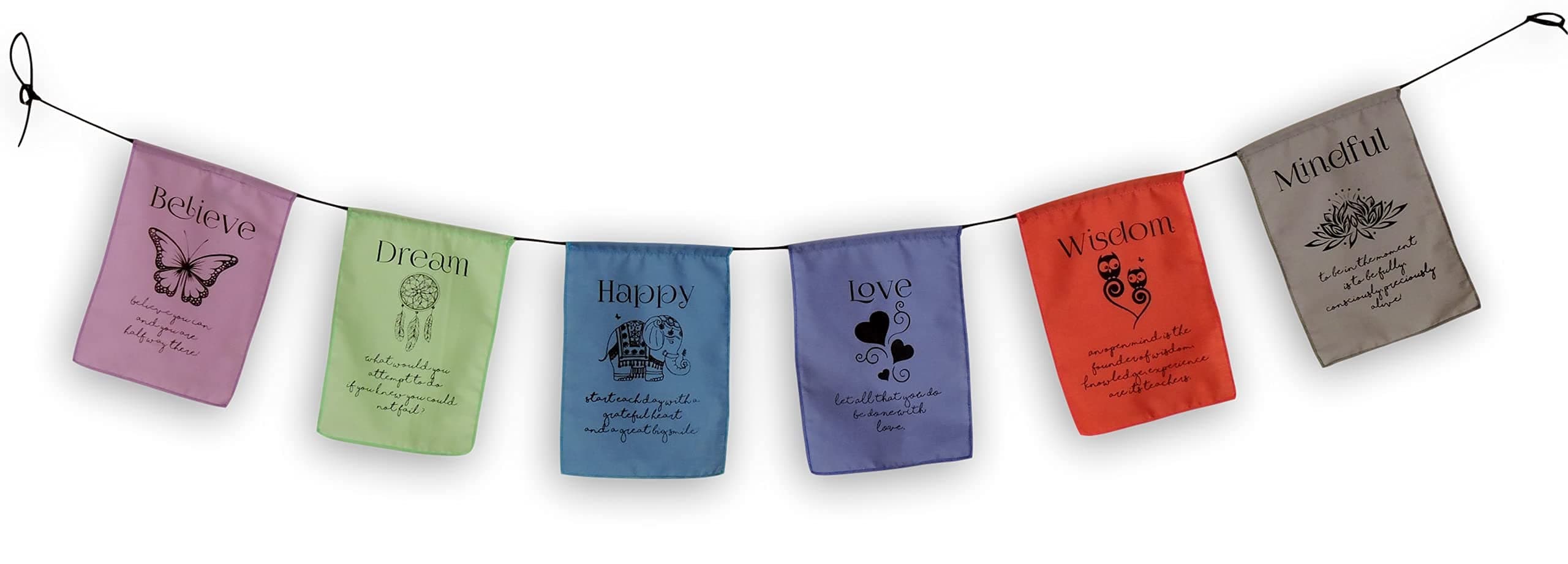 Handmade Believe, Dream, Happy, Love, Wisdom, Mindful Affirmation Prayer Flags. Each String has six vibrantly Colored Flags, Handmade with Love and Blessing