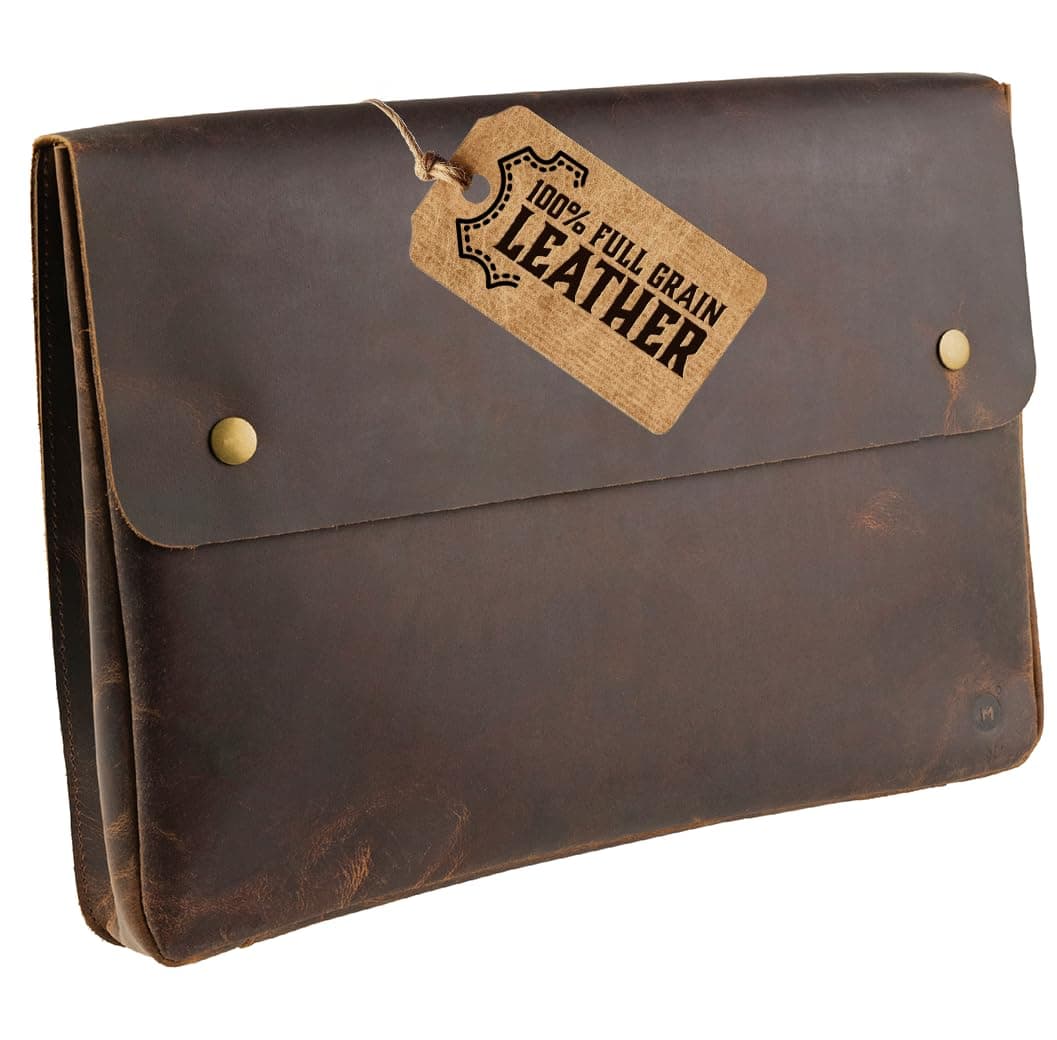 Moonster Buffalo Leather Laptop Sleeve Case, 15" Laptop Portfolio Organizer, Document Holder, Spacious Leather Folio for Men - Dark Brown, Rustic Style