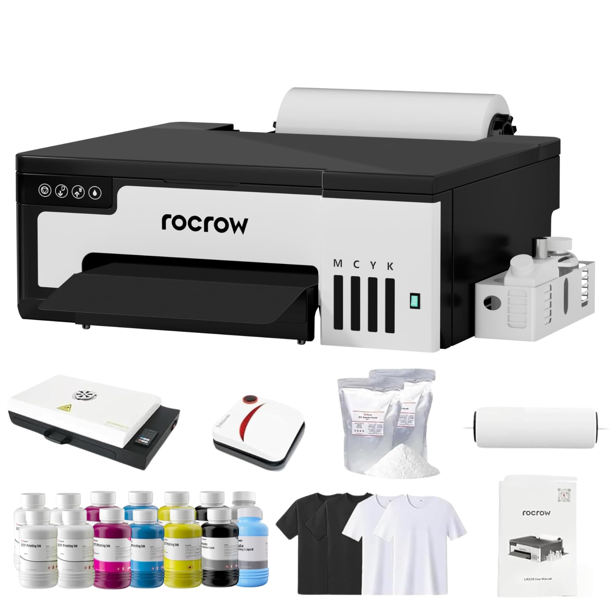 RocRow L8 DTF Printer, A4 Transfer Printing Machine with White Ink Mixing, Automatic Cleaning for DIY Print, Customized Printing, Includes Heat Press, Ink, Film, T-Shirt