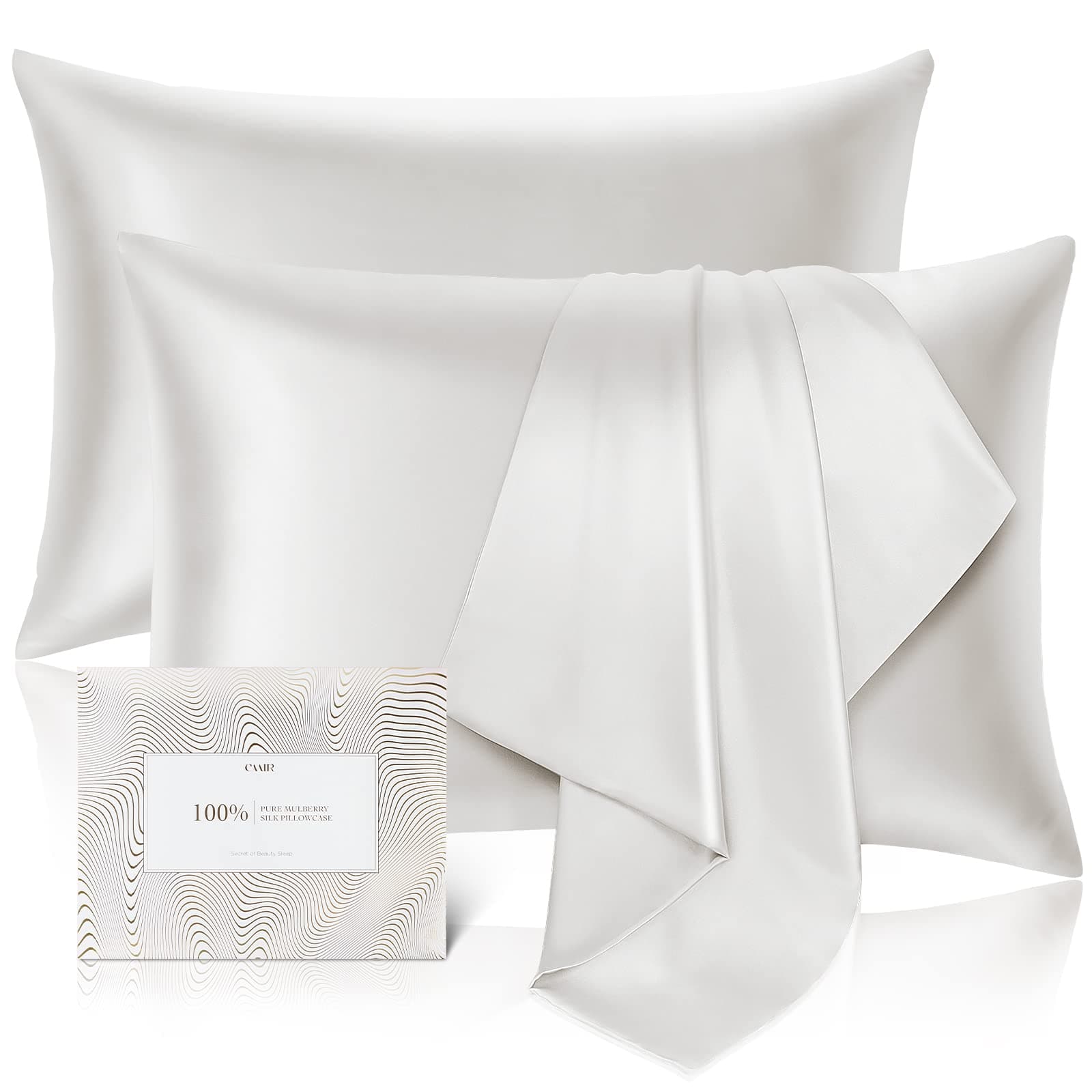 100% Pure Mulberry Silk Pillowcase for Hair and Skin - Allergen Resistant Dual Sides,600 Thread Count Silk Bed Pillow Cases with Hidden Zipper,2pc,Standard Size,White