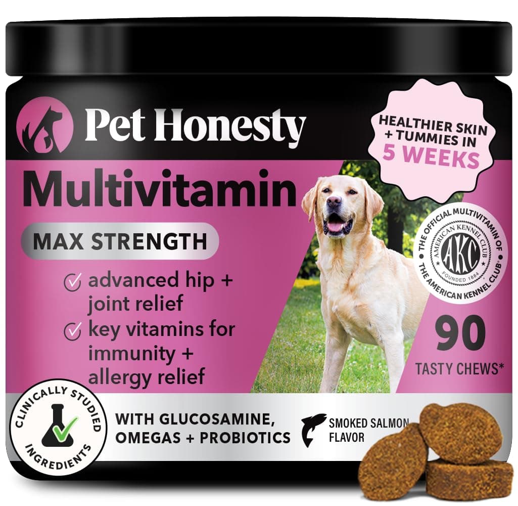 Dog Multivitamin Max Strength, 15-in-1 Multivitamin for Dogs – Dog Vitamins & Supplements with Glucosamine, Probiotics & Omega 3s – Supports Joint, Heart, Immune, Skin & Coat Health – Chicken (90 Ct)