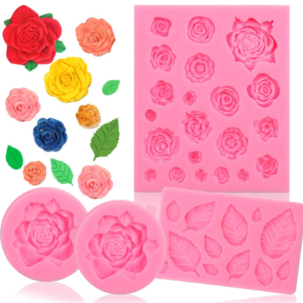 BAKHUK 35 Cavity Rose Flower and Leaves Fondant Candy Mold, Silicone Melt Candy Mold for Chocolate, Wedding and Birthday Cake Decoration