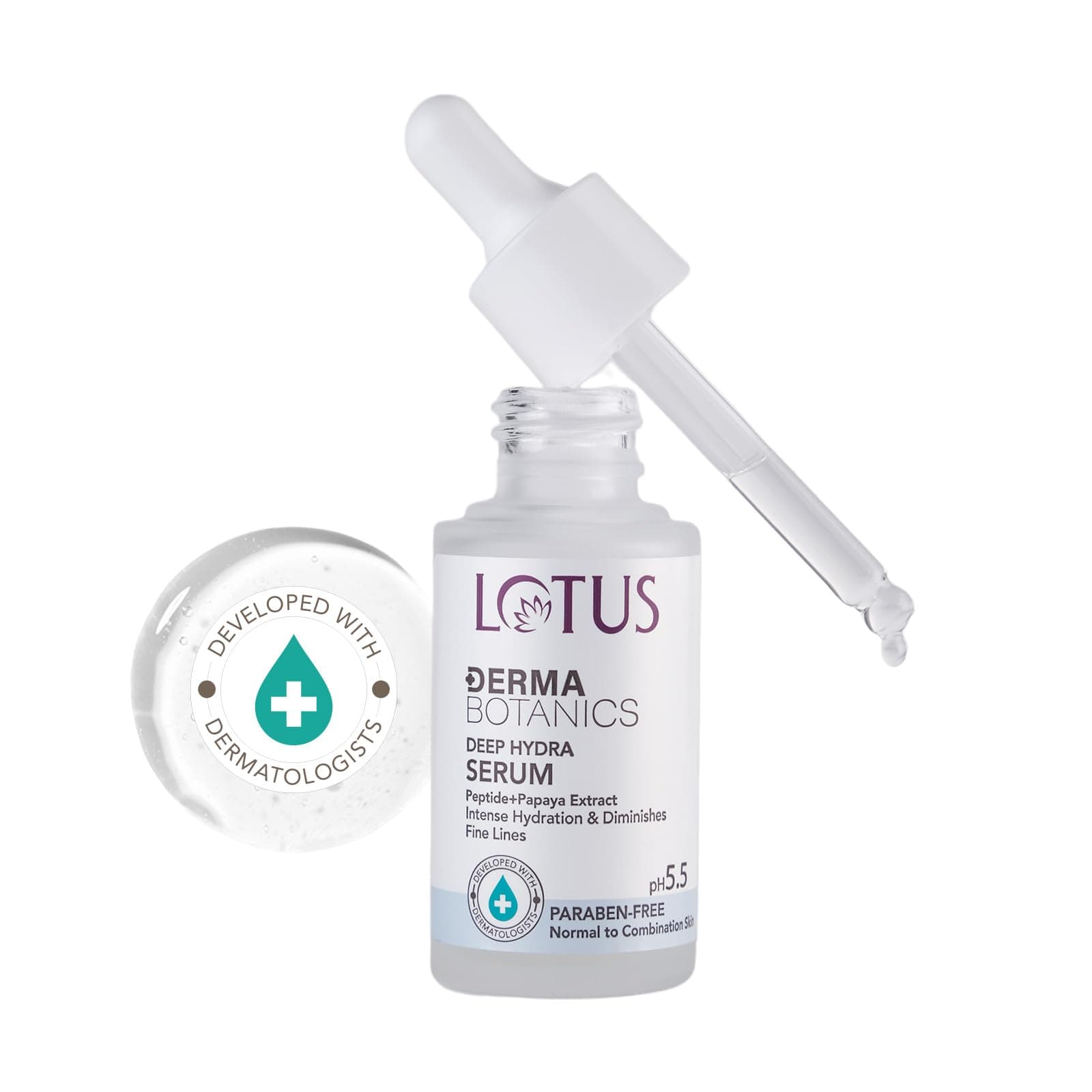 Lotus Dermabotanics Peptide + Papaya Extract Deep Hydra Serum | Diminishes Fine Lines | Boosts Collagen | Made With Dermatologists | pH 5.5 | Non-Irritating | Normal To Combination Skin | For women & Men | 28ml