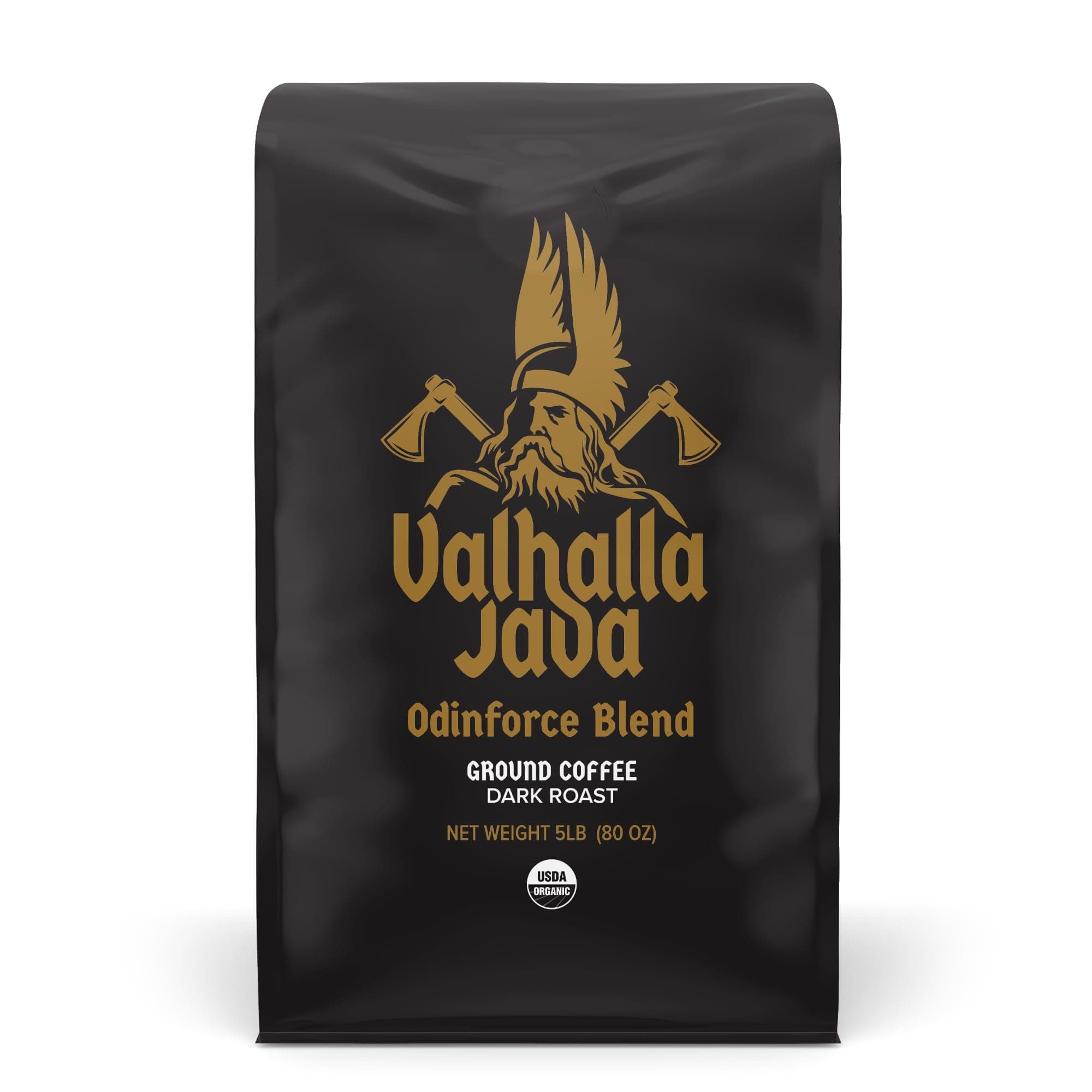 Death Wish Coffee, Valhalla Java Dark Roast Grounds - Extra Kick of Caffeine - 5 Lb. - Bold & Intense Blend of Arabica Robusta - USDA Organic - Strong Coffee for Morning Boost