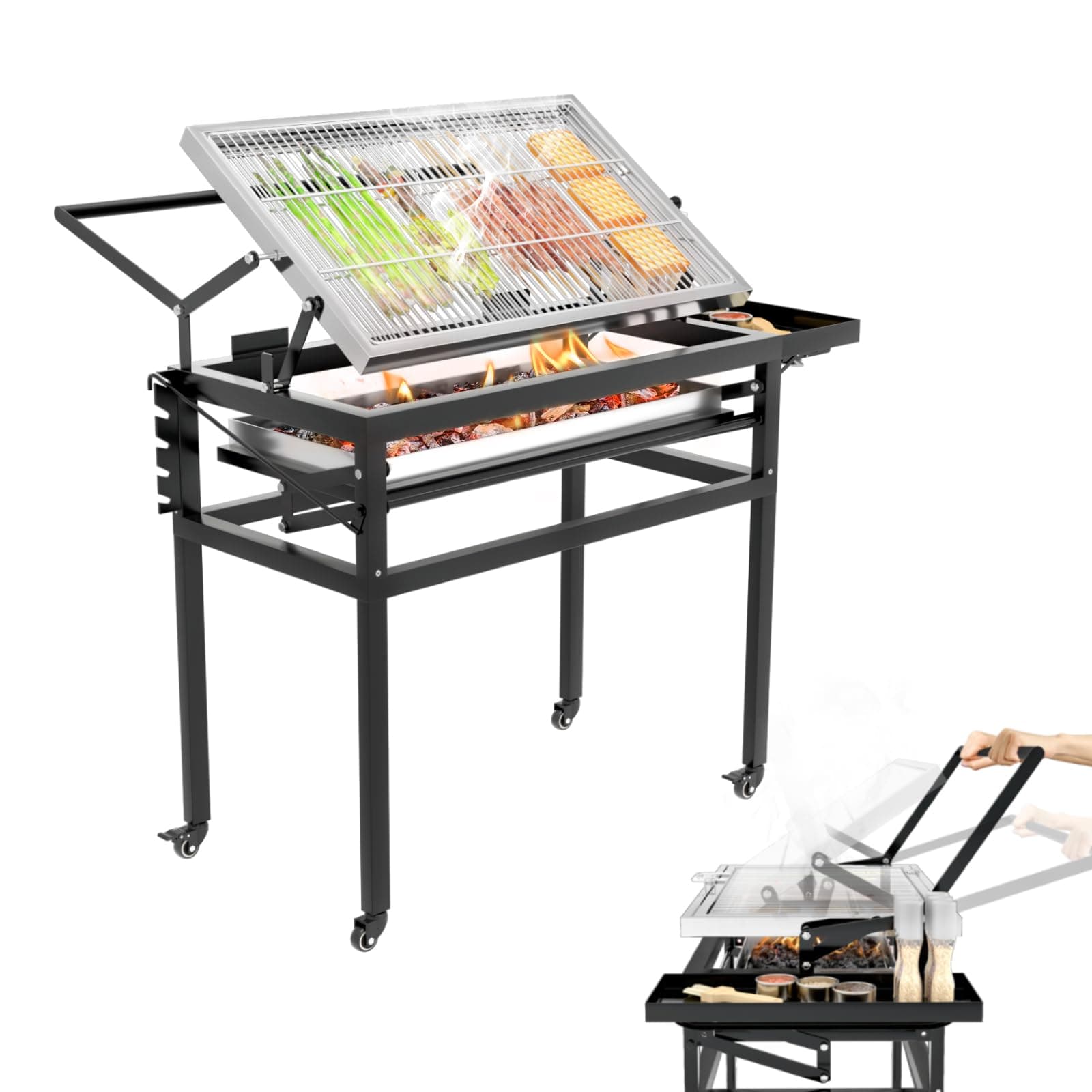 Charcoal Flip Grill for BBQ, Black Barbecue Grills for Outdoor Camping, Portable Tabletop Charcoal Grill with 360 Degrees Reversible Cooking Grid Removable Tray Adjustable Steel Frame,