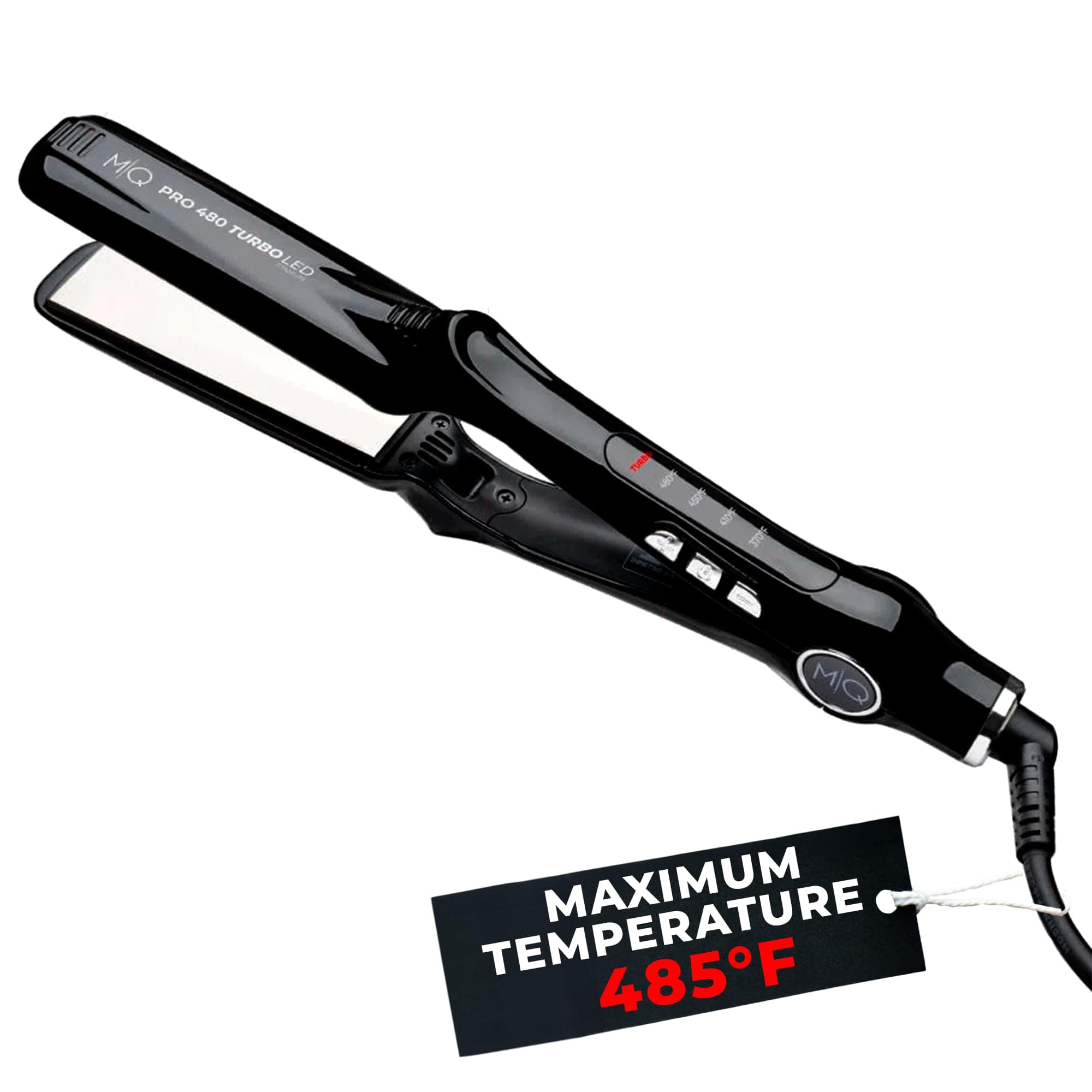 MQ HAIR - Professional 485°F Turbo Titanium Flat Iron - Bivolt, Anatomical Design, Ultra Smooth, Mirror Effect - 3 Passages Needed, Perfect Smoothing - Safe Heating Control - Black