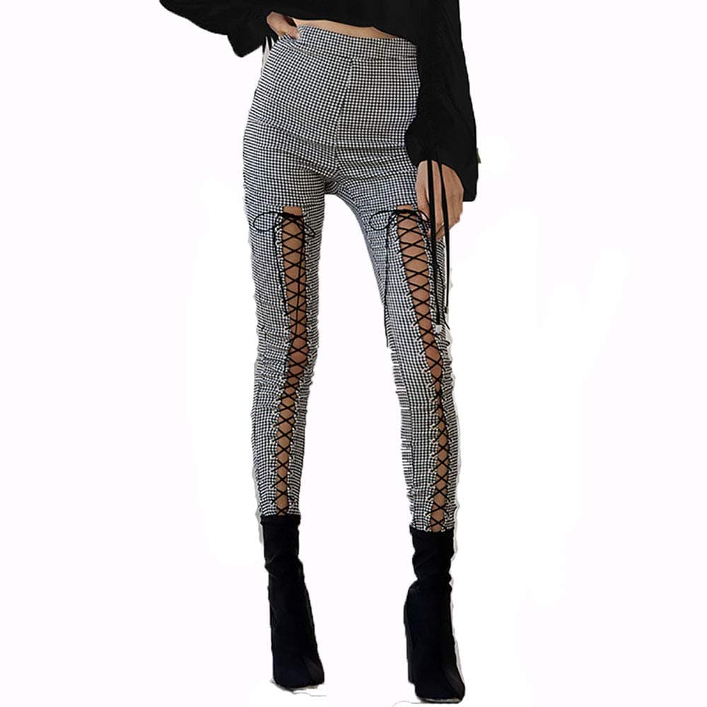 Punk Gothic Women Leggings Hollow Out Five-Pointed Star Pentagram Pencil Pants Size M