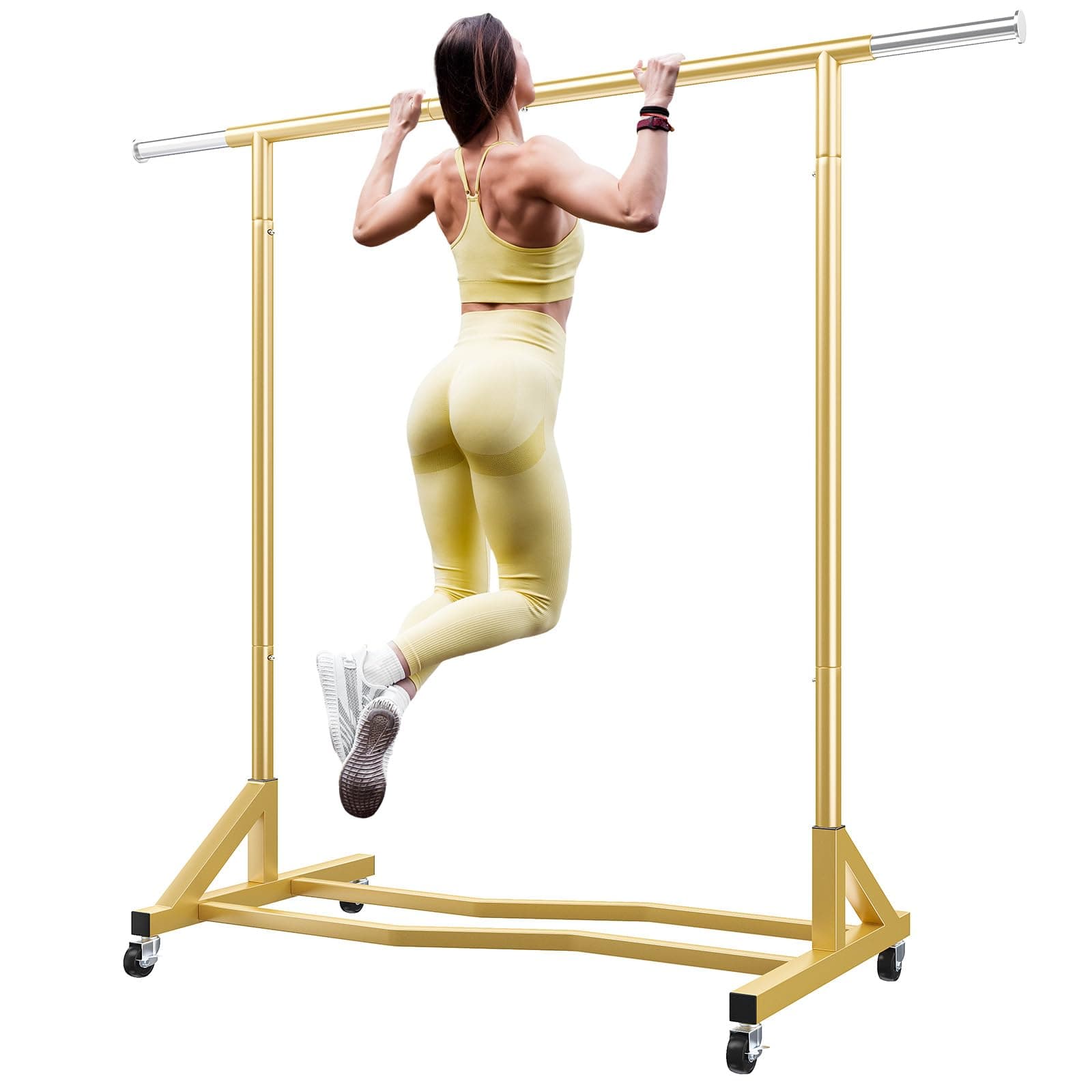 Raybee Clothes Rack 77" W Heavy Duty Clothes Rack with Wheels, Gold Clothing Racks for Hanging Clothes, Industrial Metal Rolling Garment Rack 77''W×66''H×24''D, Gold