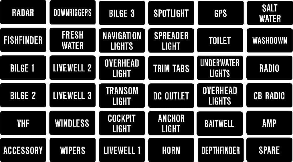 Predator Marine Fishing Boat Switch Instrument Panel Decal Label or Switch or Fuse Description std. Set