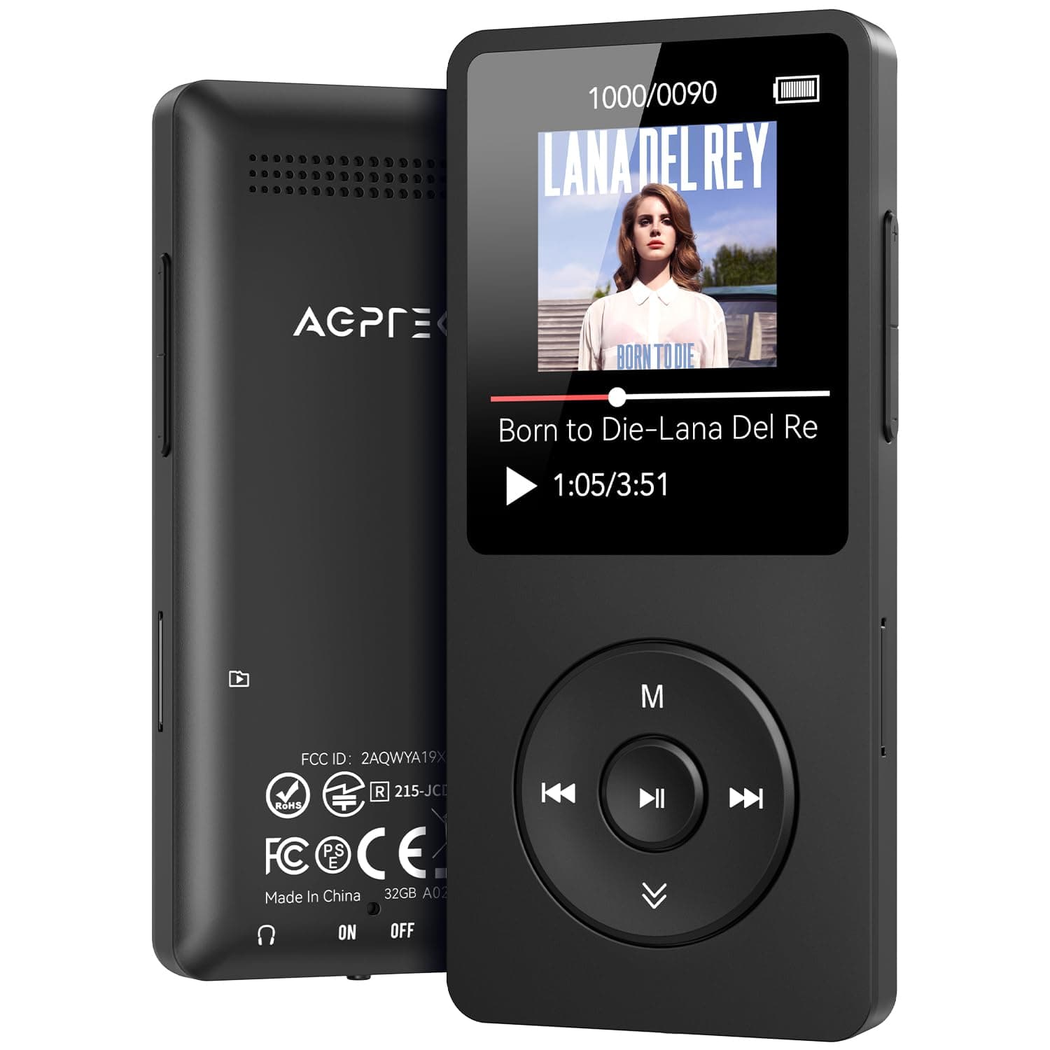 AGPTEK A02 MP3 Player with Bluetooth 5.3, 1.8 inch Screen Portable Music Player with Speaker, FM Radio, Voice Recorder, Supports Expanded Up to 128GB(Black, 32GB)