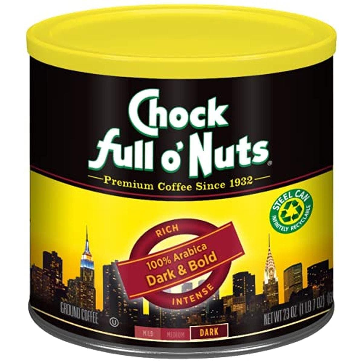 Chock Full o' Nuts Dark & Bold Ground Coffee – Premium Beans in Recyclable Steel Can – Rich Flavor & Aroma, Dark Roast – Perfect for Drip, Pour-Over, Percolator – 23 Oz Can