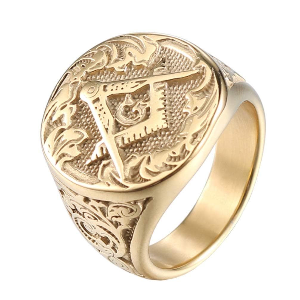Men's Masonic Freemason Gold Plated Stainless Steel Rings Classic Master Mason Signet Band Jewelry