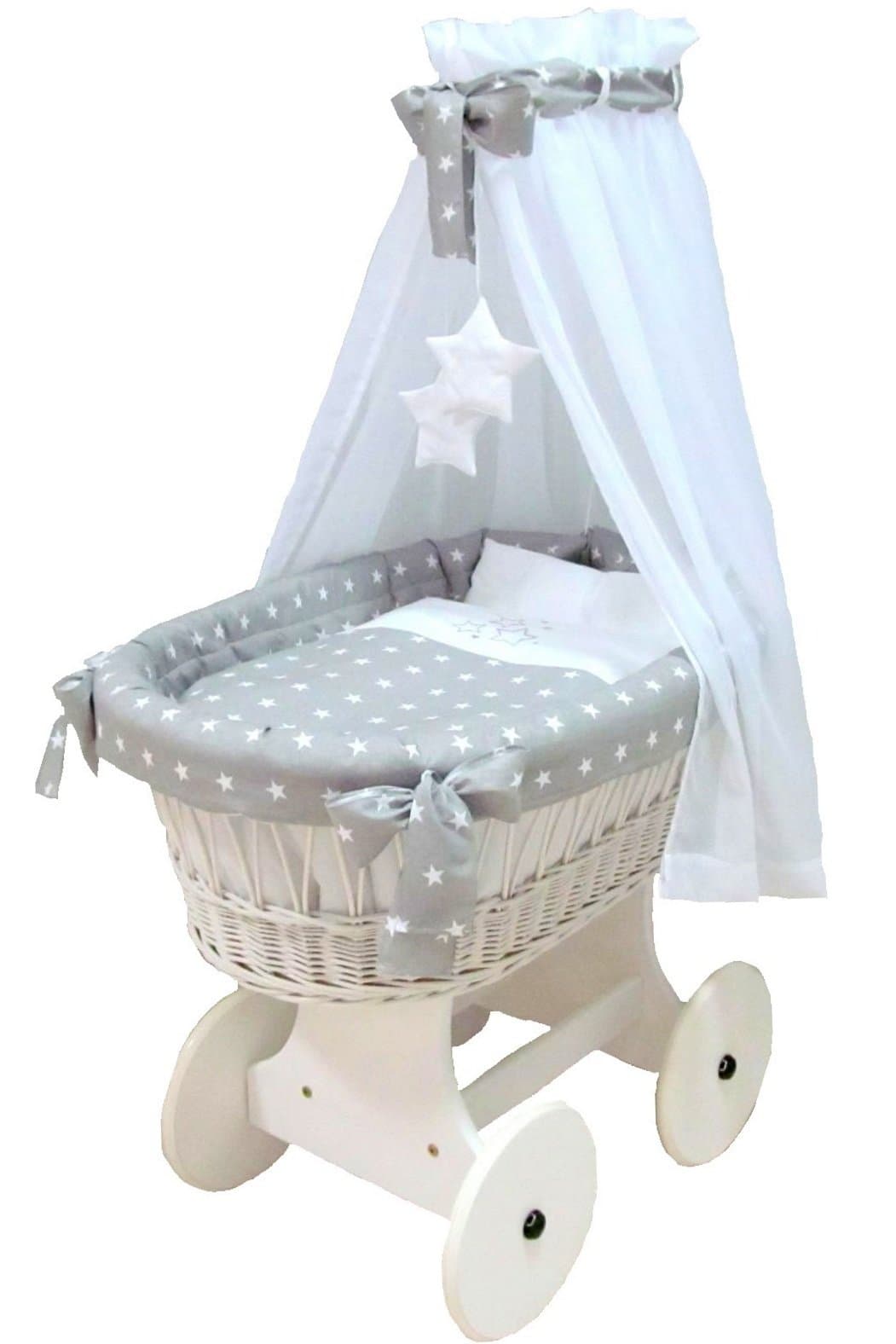 Babymajawelt® Cradle Complete Set 10 Pieces, Including Mattress, Cart with Wheels (Rubberized) Ver. Design Stelle grigie