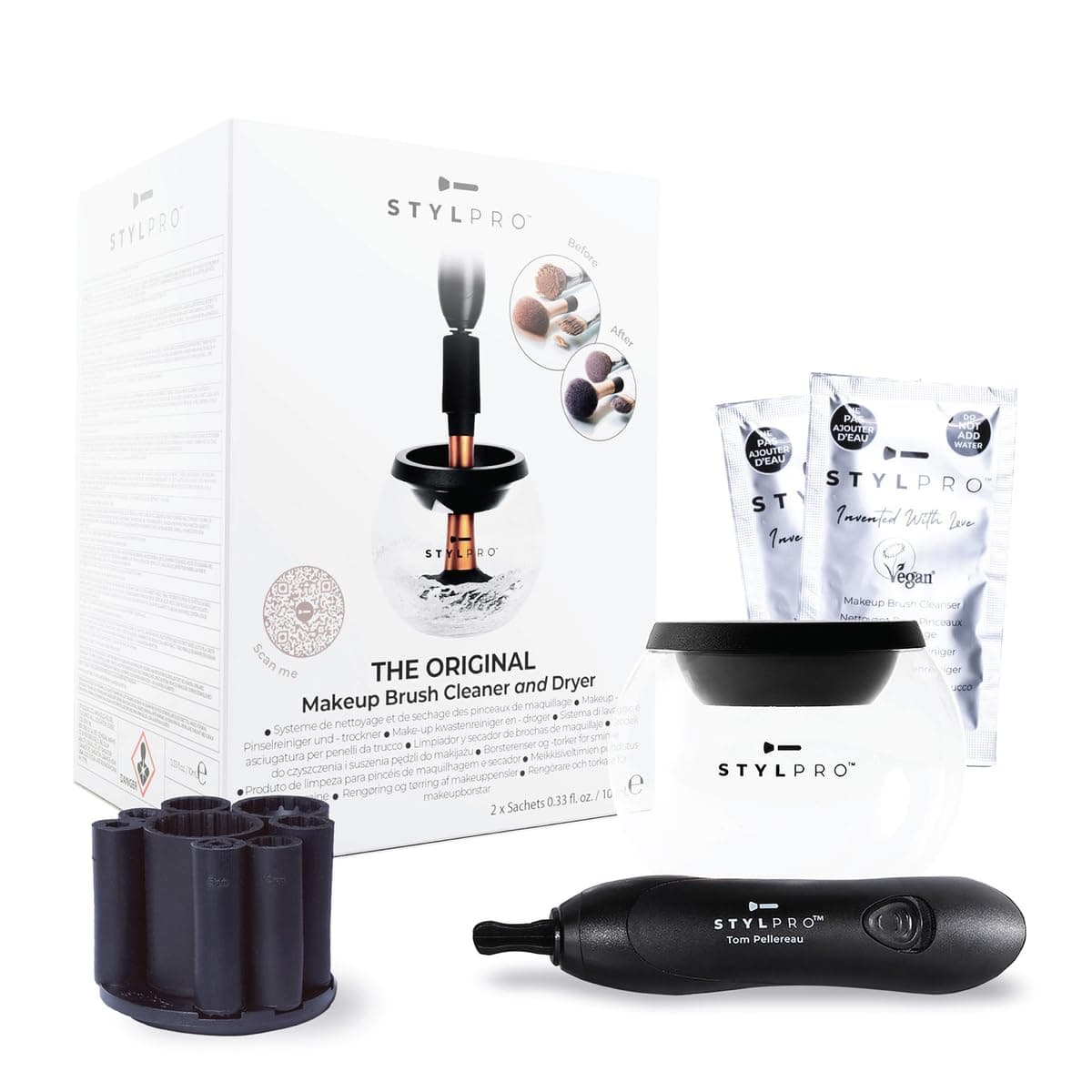 STYLPRO Makeup Brush Cleaner and Dryer Machine with 8 Brush Collars | Automatic Spinning Brush Cleaner with Heat Resistant Bowl | Premium Makeup Brush Cleaning Kit | Deeply Cleans and Dry in Seconds