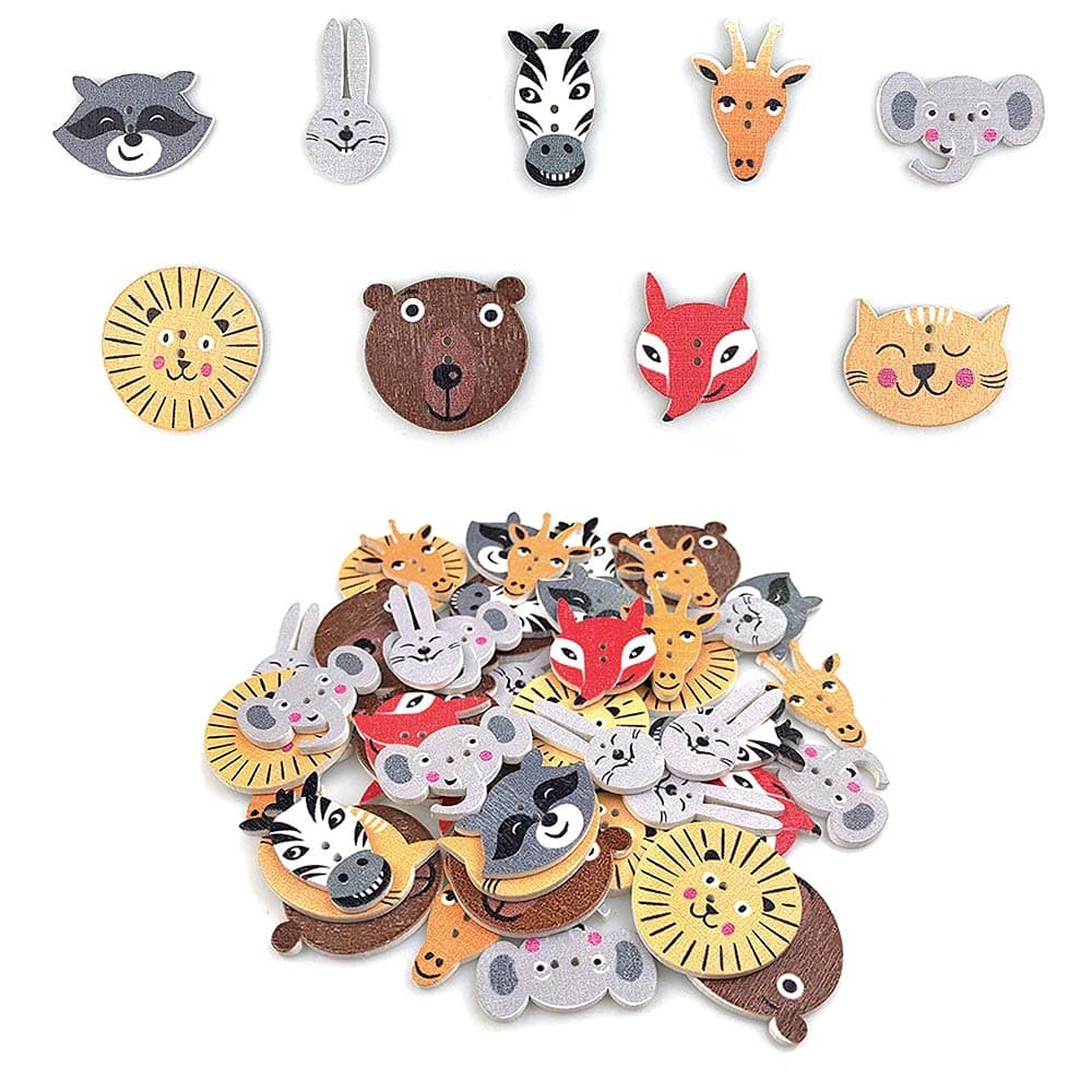 FCOVUVDBD 50Pcs Animal Wooden Buttons Cute 2 Holes Mixed Cartoon Wood Button for Sewing Art Craft, DIY Crafts, Scrapbooking, Sewing, Cardmaking
