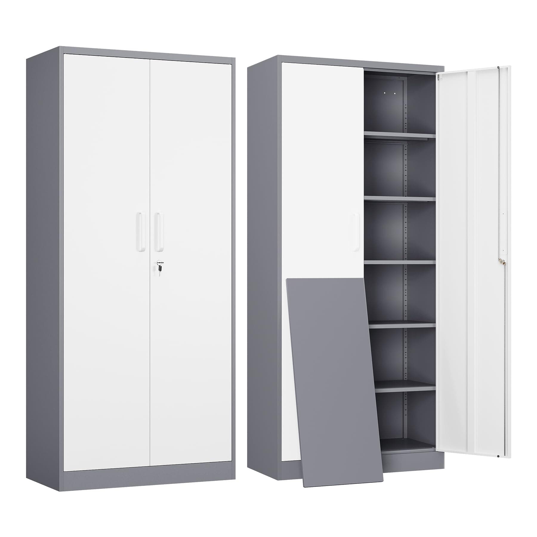 Yizosh Metal Garage Storage Cabinet with 2 Doors and 4 Adjustable Shelves,Steel Lockable File Cabinet,70.87" Locking Tool Cabinets for Office,Home,Garage,Gym,School (Gray White)