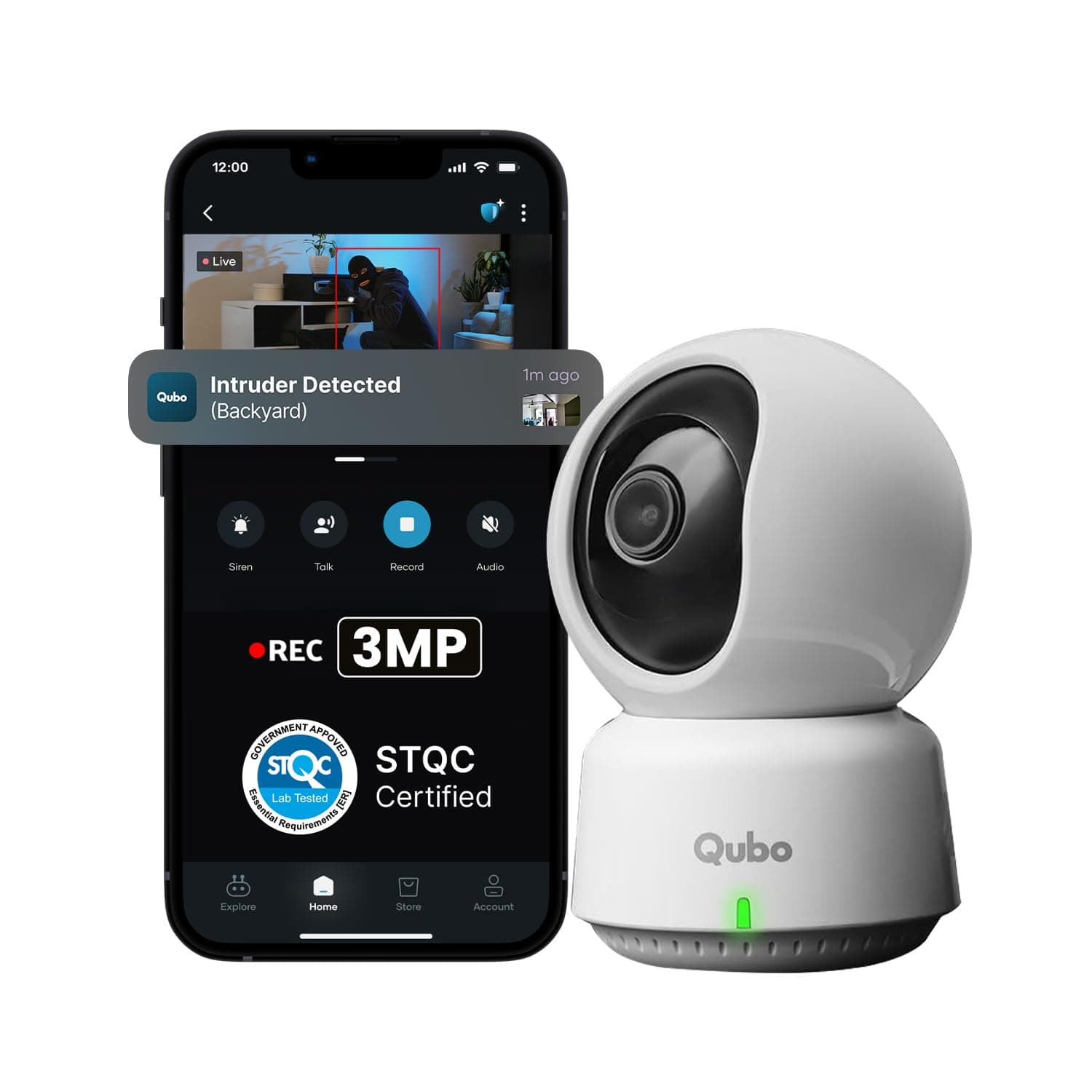 Qubo Smart 360° 3MP [2K] CCTV Camera | Wi-Fi Indoor Home Security Cam | STQC Certified | AI Person Detection | Automatic Alarm | App Alerts | NightPulse Vision | SD & Cloud Storage | Made in India