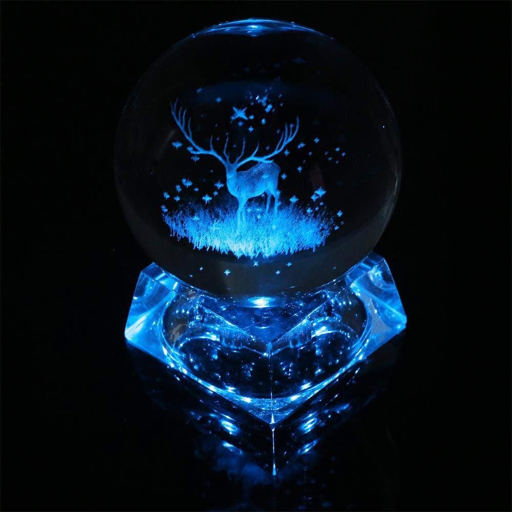 Galaxy Crystal Ball with Colorful LED Lamp Base, Clear 80mm(3.14 inch) 3D Carved Deer Clear Crystal Ball Art for Kids Birthday Gifts, Teacher Gifts,Gift for Anniversary and Boyfriend Birthda