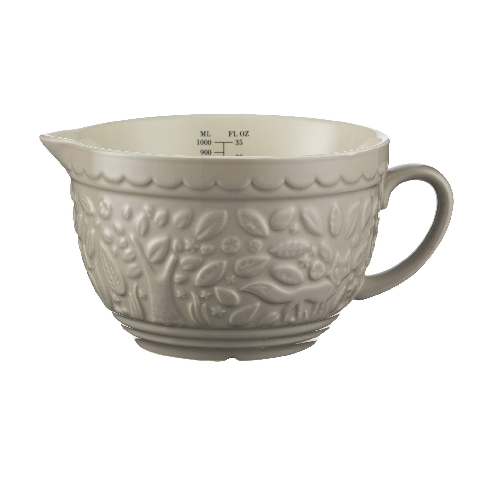 in The Forest Fox Measuring Jug 1 Litre | Stone Grey Stoneware Jug with Handle & Spout, Embossed Woodland Design