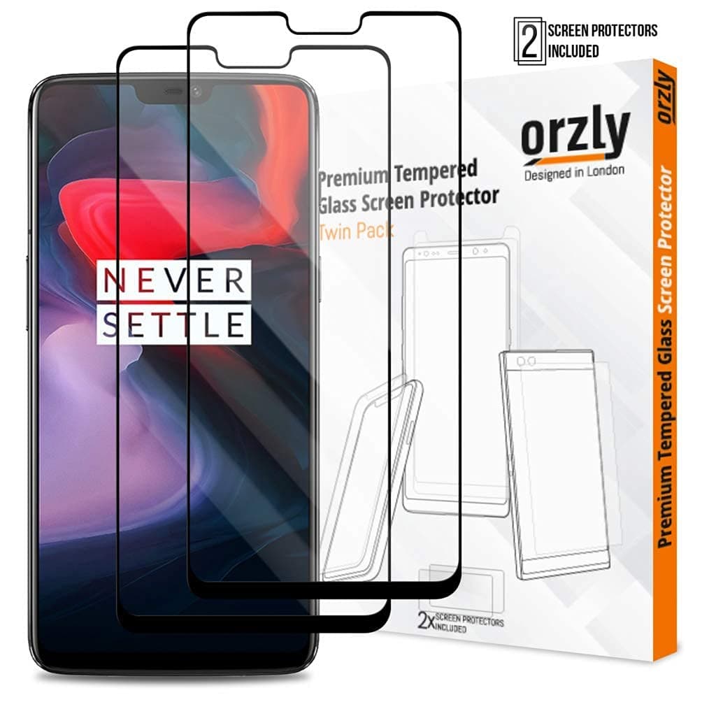Orzly OnePlus 6 Screen Protectors, TWIN PACK of Pro-Fit (Full Coverage) Tempered Glass Screen Protector for Oneplus6 (Case Compatible)