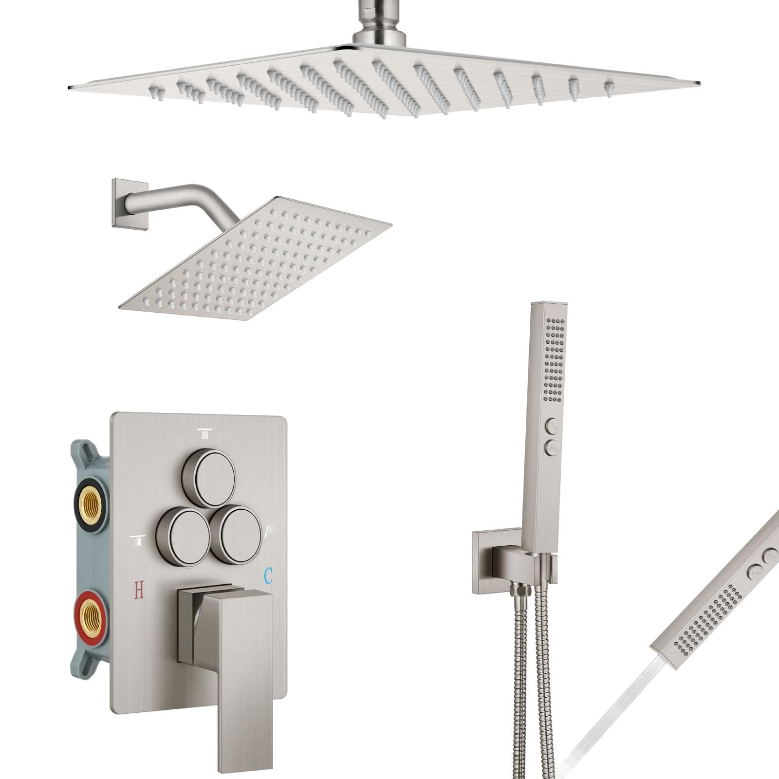 Aolemi Shower Faucet Set Ceiling Mount Push Button Diverter Shower System 10" and 6" Dual Shower Head 2 in 1 Hand Shower Rough-in Valve and Shower Trim Kit Brushed Nickel