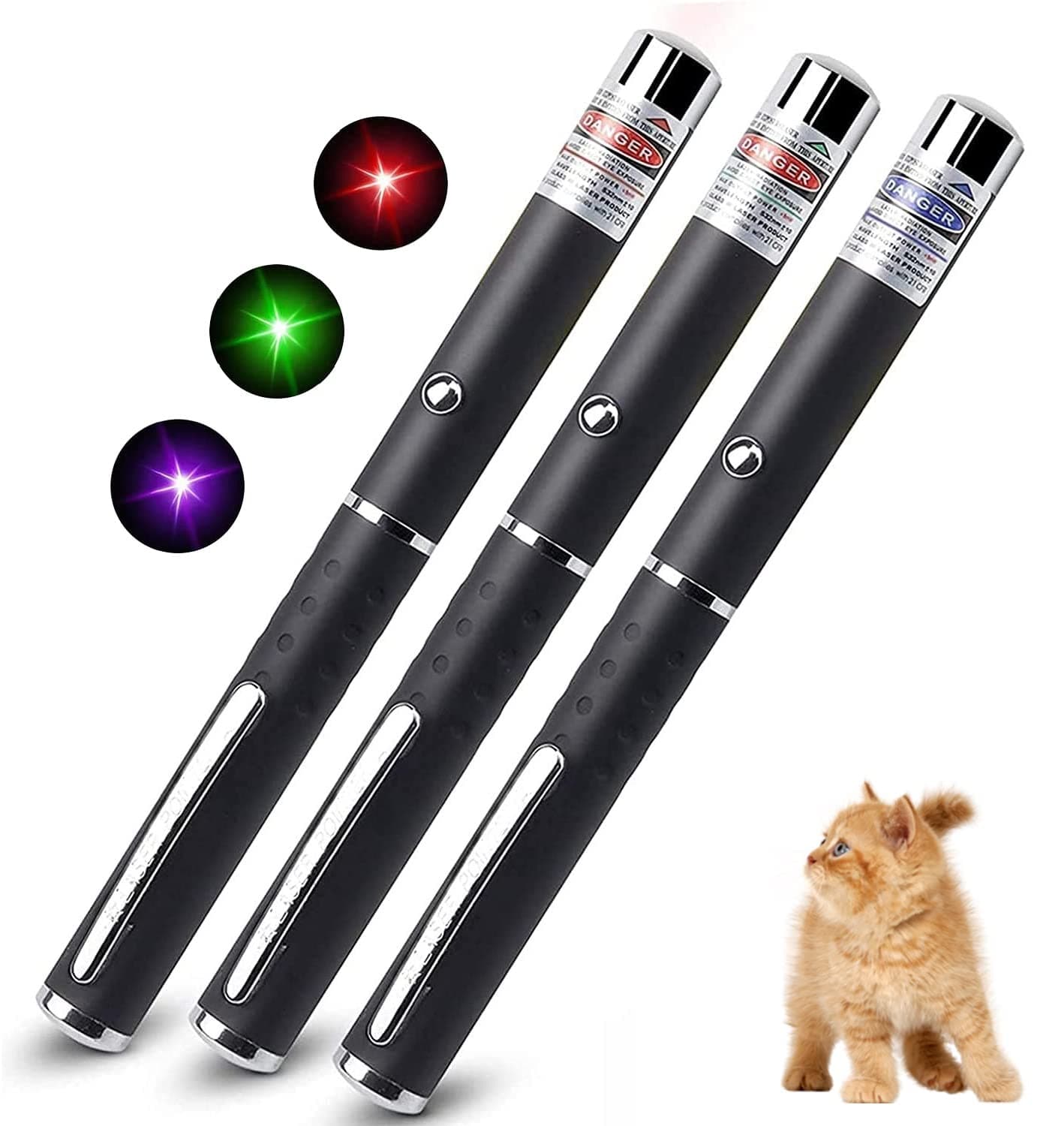 Laser Pointer Cat Toy, 3 Packs Cat Toys for Indoor Cats, Long Range Lazer Pointer Pen with Green/Red/Violet Light, Interactive Cat Laser Toy, Pet Dog Kitten Toys, Teaching/Presentation Pen