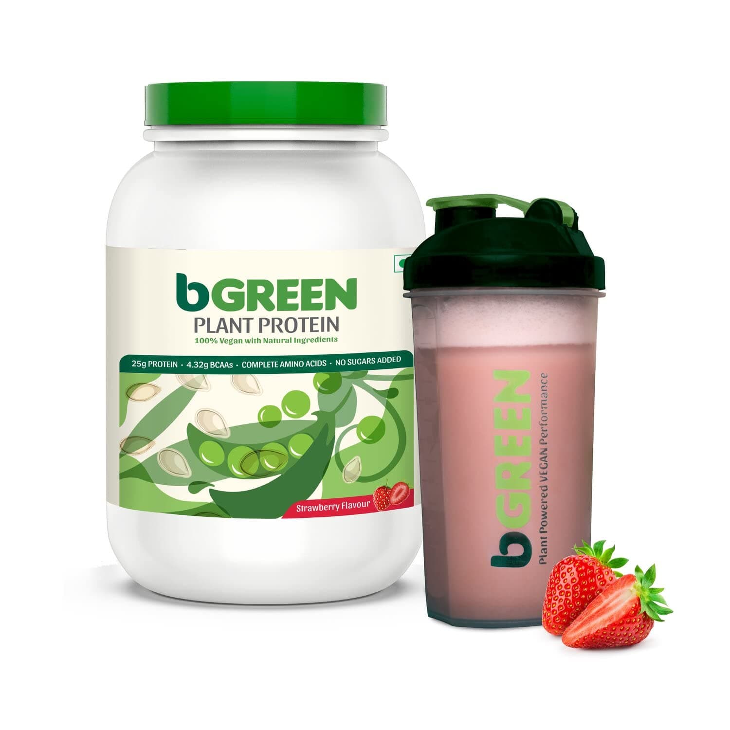 bGREEN Vegan Plant Protein Powder, 25 g Protein (Pea Protein Isolate & Pumpkin Seed), Complete Amino Acid Profile (Strawberry, 1 kg) with Shaker