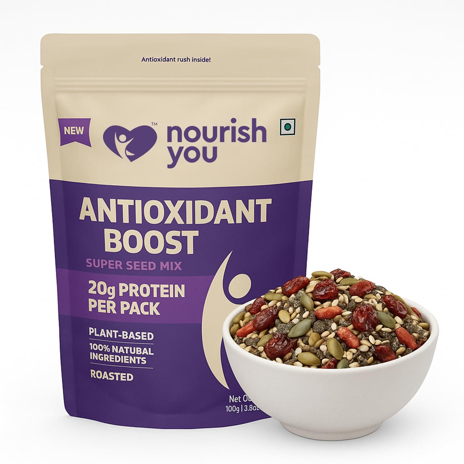 Antioxidant Boost Trail Mix 100g | Mixed seeds for eating | No Artificial Flavours & Preservatives | Seed Mix of Sunflower, Chia, Flax, Seasame, Pumpkin Seeds & Cranberries & Gojiberries | Pack of 1