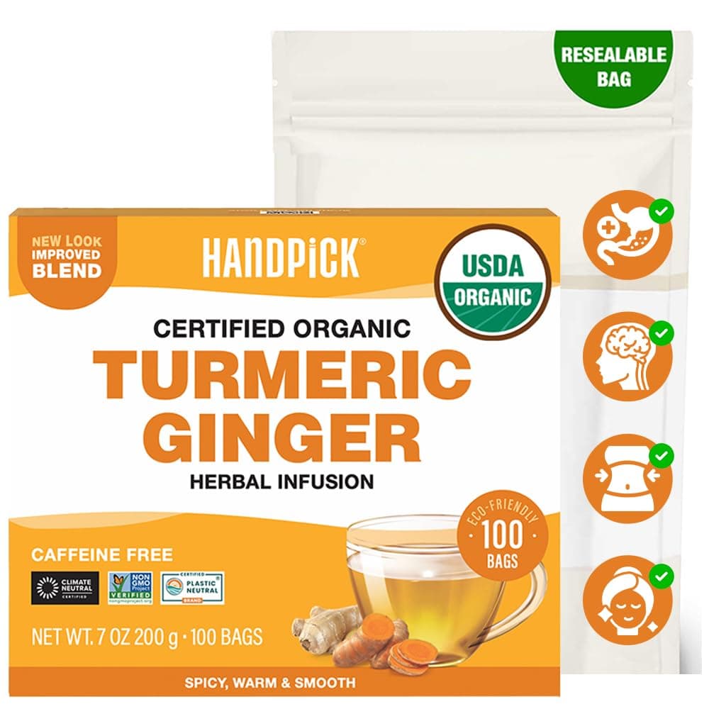Organic Turmeric Ginger Tea (100 Tea Bags) | Herbal Tea, Strong Spicy Flavor, Caffeine Free, Daily Wellness Tea, Smooth & Warming Infusion | Non-GMO, Gluten Free | Ecofriendly Tea Bags