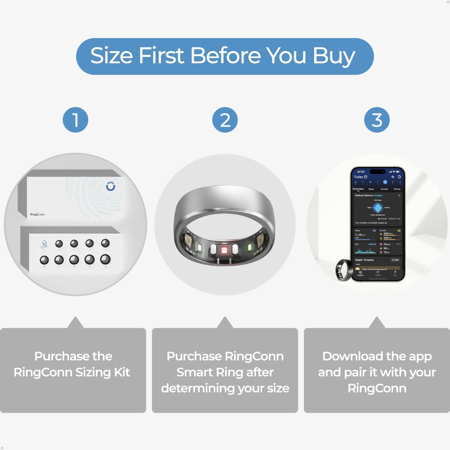 RingConn Gen 1, Smart Ring for Women/Men, No App Subscription, Size First with Sizing Kit, Smart Ring Health Tracker, 7-Day Battery Life, Fitness & Sleep Tracker for iOS & Android (Silver, Size 14)