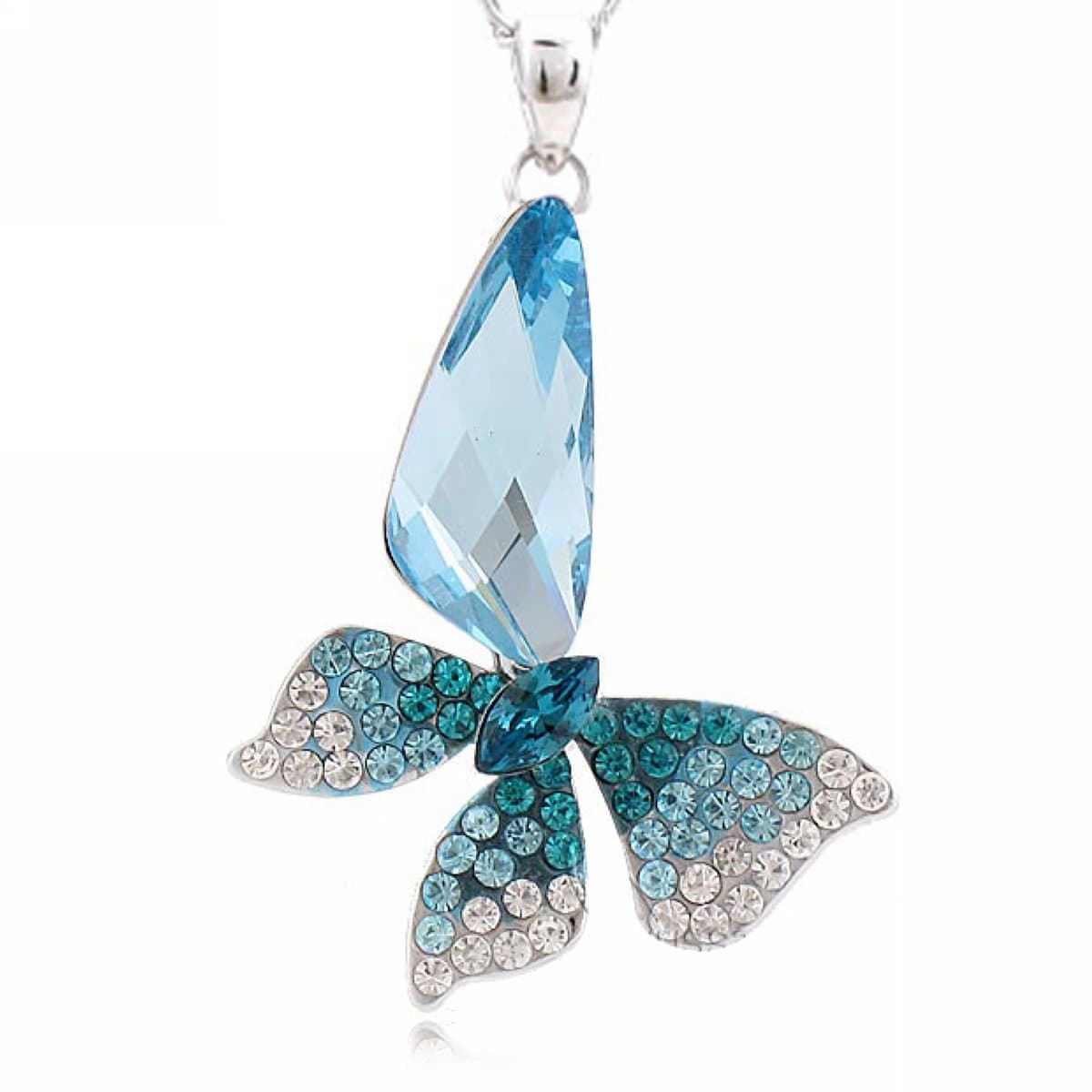 Butterfly Wing Drop Created Crystal Pendant Necklace 16"(Blue)