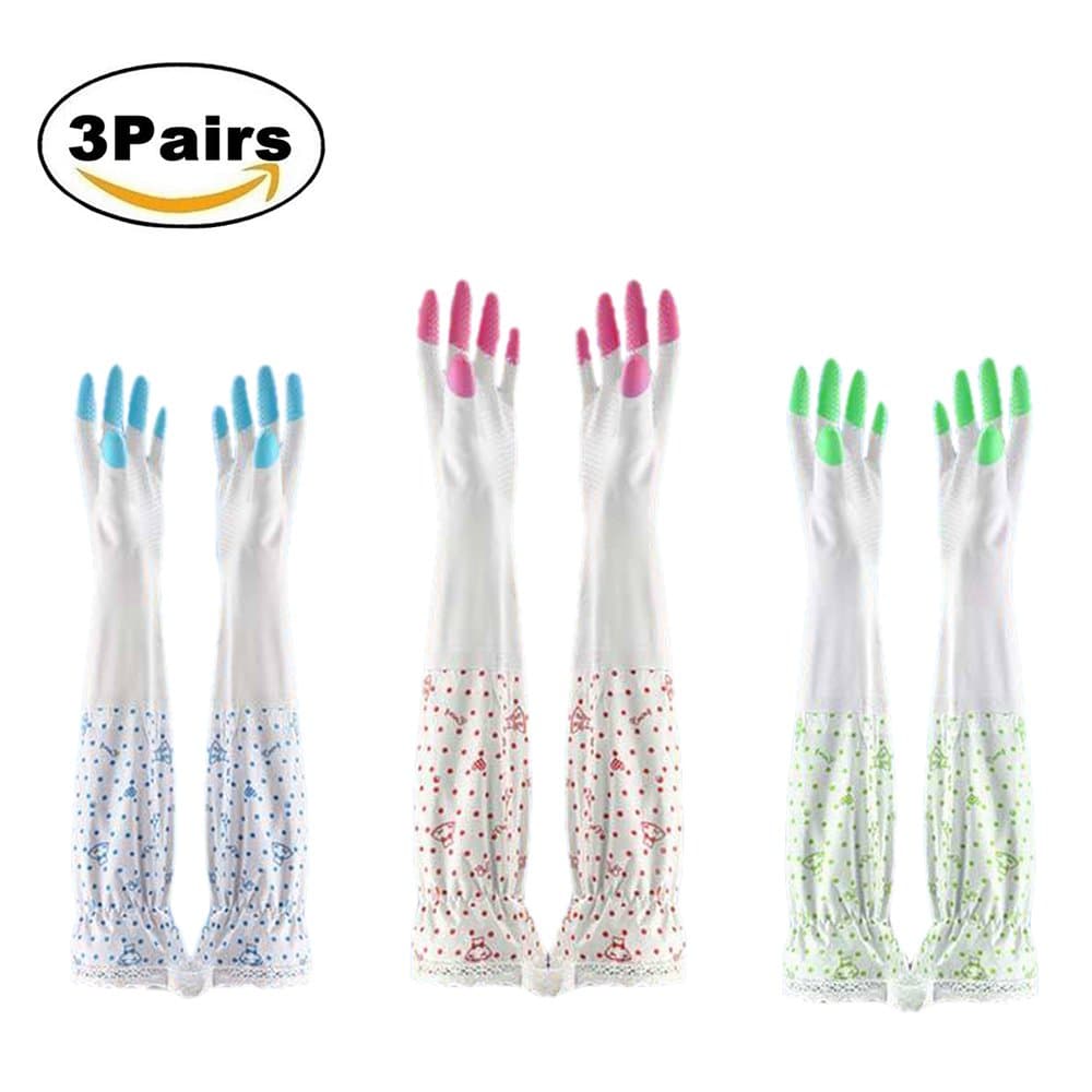 VastSean Rubber Dishwashing Cleaning Gloves Reusable Household Kitchen Long Sleeves Waterproof Cleaning Gloves for Kitchen Dish Washing Laundry Cleaning (3 pair)