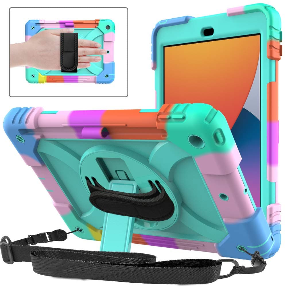 SINSOiPad 9th/8th/7th Generation Case,iPad 10.2 Case for kids, Shockproof [360 Rotating Stand] [Hand Strap] [Pencil Holder] Case for New iPad 9th Gen, iPad 10.2 Inch 2021/2020/2019 - Turquoise