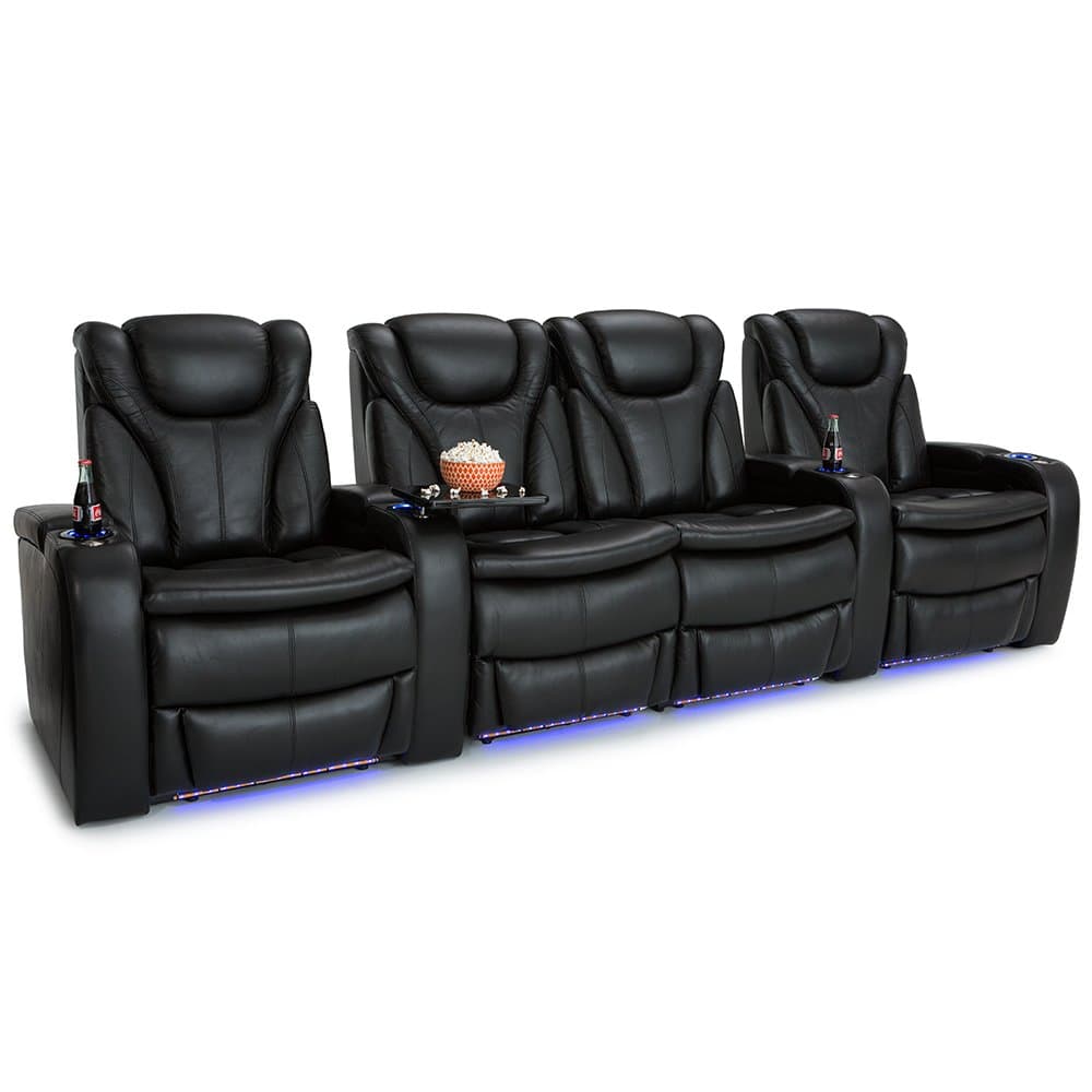 BarcaLounger Solaris Leather Power Recline Home Theater Seating Chairs (Row of 4 w/Center Loveseat, Black)