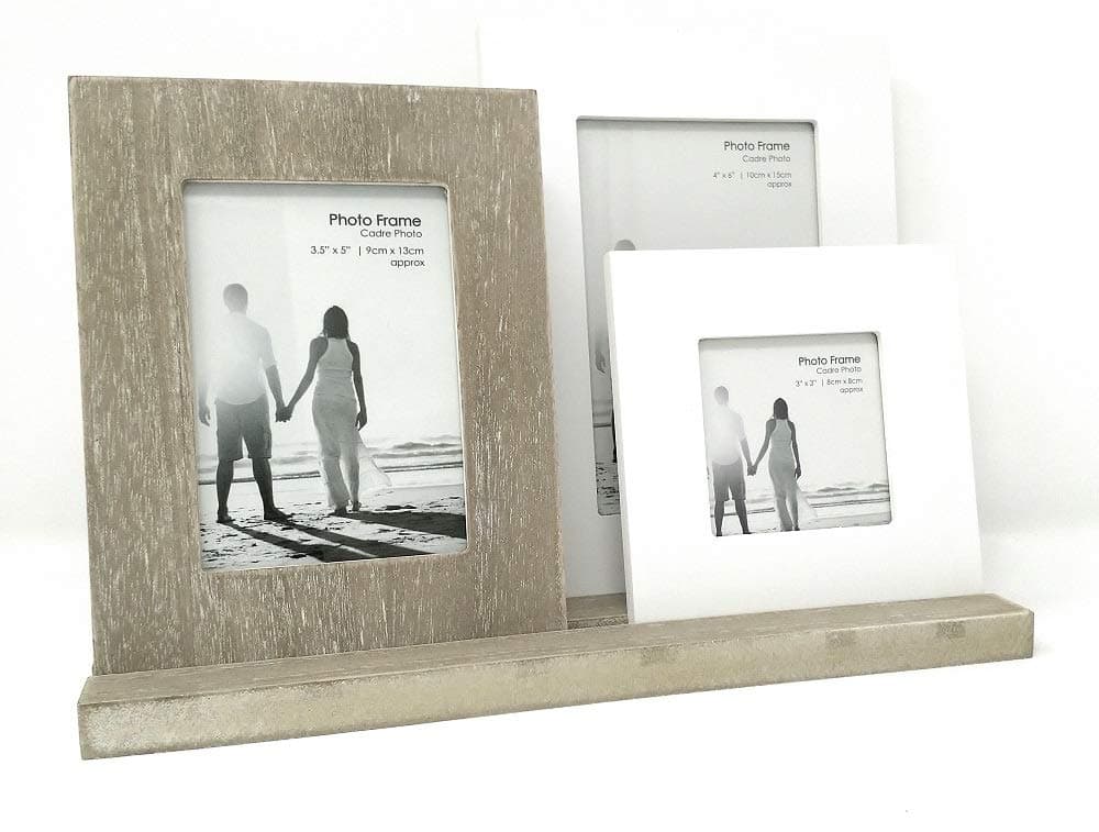Rustic 3 Wooden Photo Frames On Tray ~ Finished In A Distressed Lime Washed Style