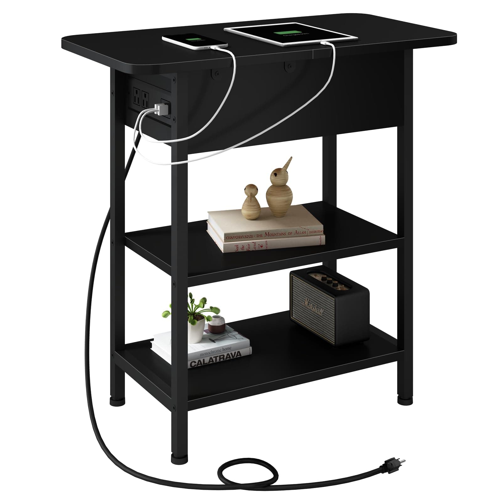 End Table with Charging Station, Flip Top Side Table with USB Ports and Outlets, Nightstand for Small Spaces, Bedside Tables with Storage Shelf for Living Room, Bedroom, Black