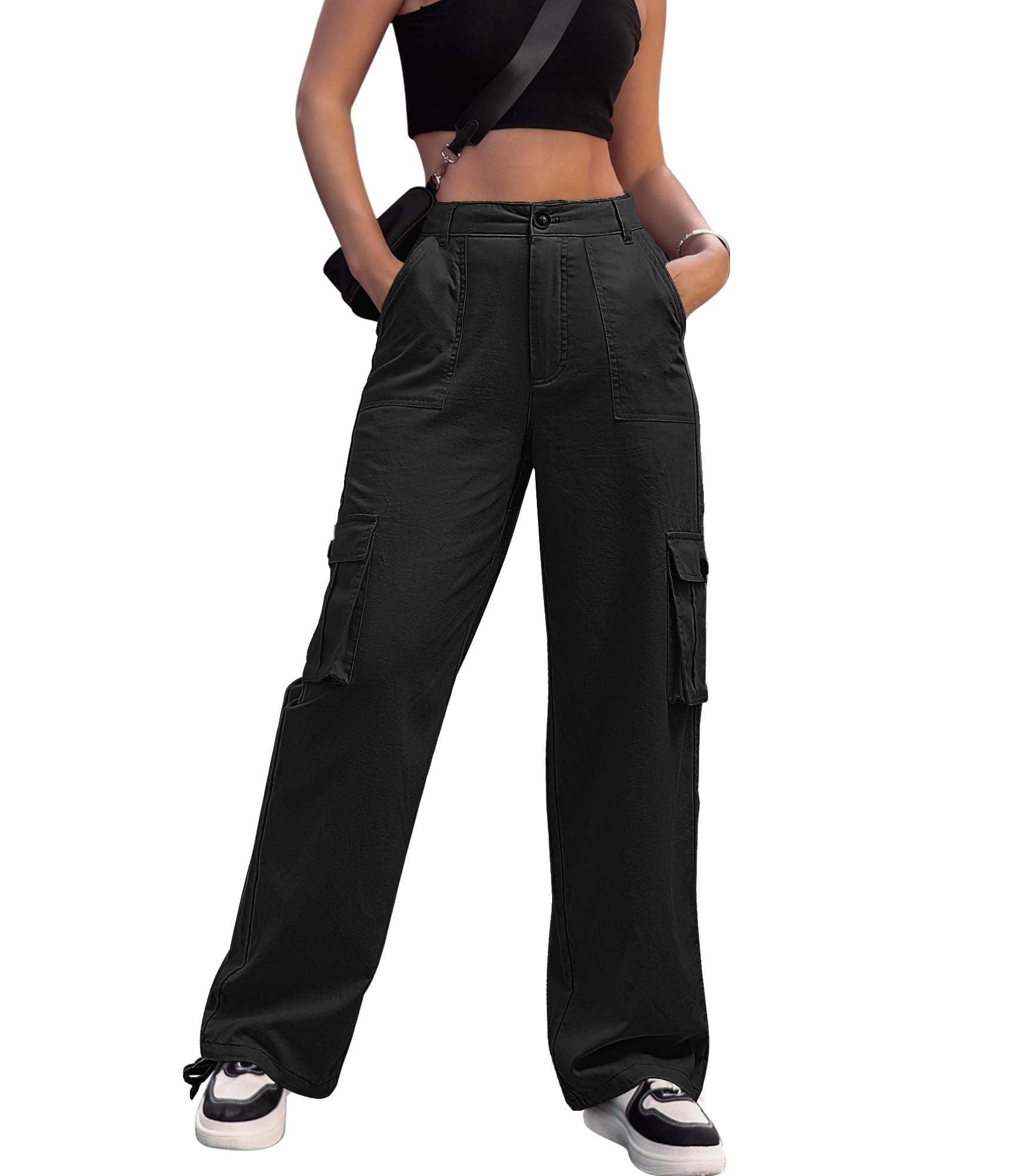 ZMPSIISA Women High Waisted Cargo Pants Wide Leg Casual Linen 6 Pockets Combat Military Trousers(Linen Black,X-Large)