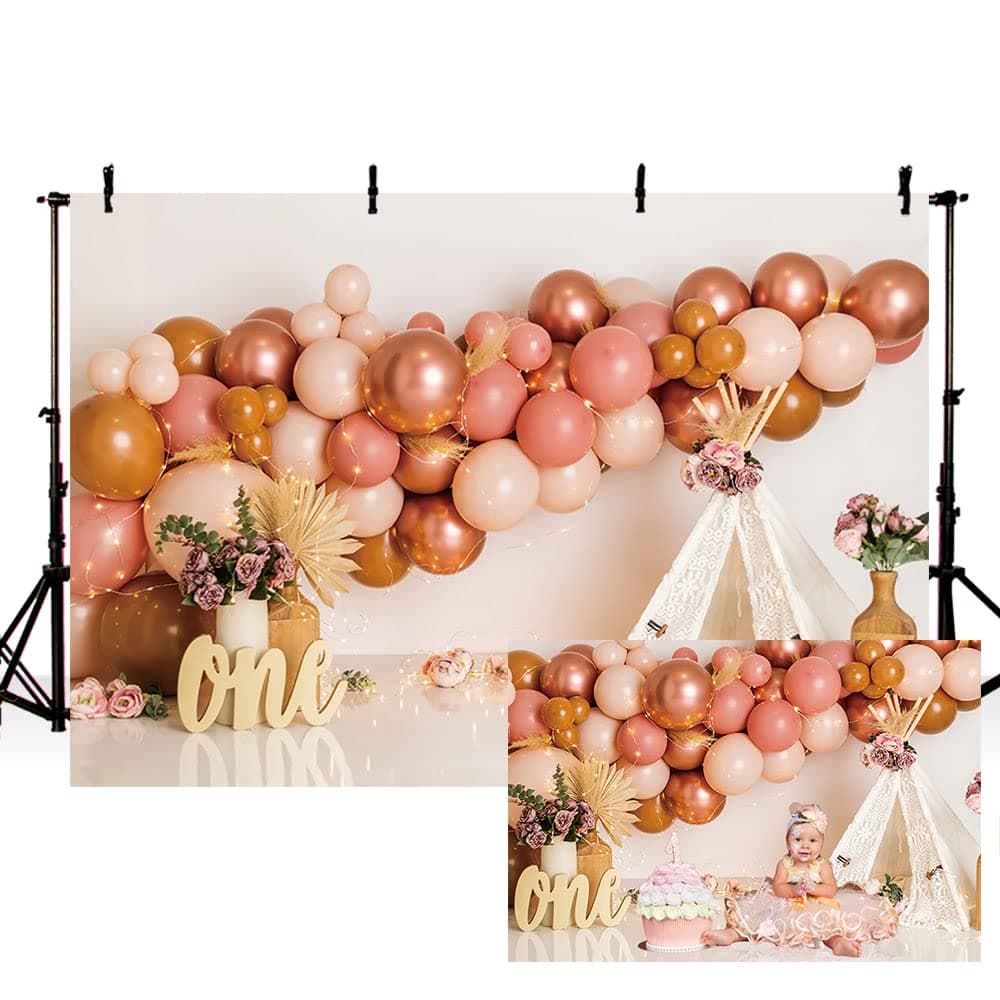 MEHOFOND 7x5ft Girl 1st Birthday Photography Backdrop Bohemia Theme Party Baby Portrait Background Banner Pink Flower Balloons Tent Cake Smash Decor Photo Studio Props Supplies