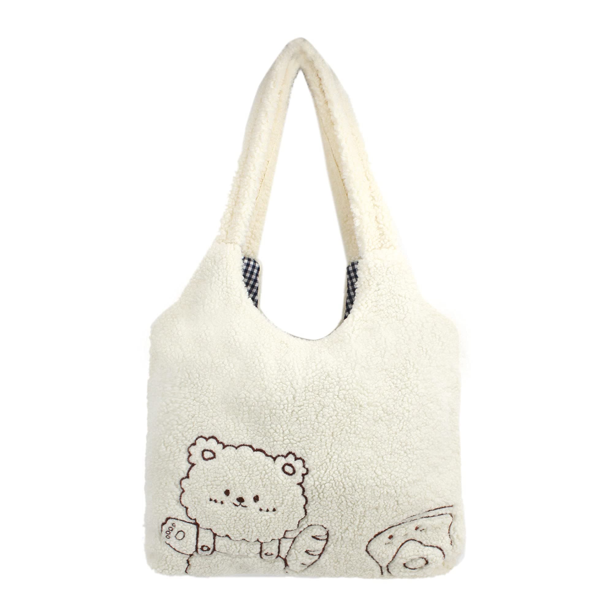 Plush Shoulder Handbag Cute Bear fluffy Tote Handbag Large faux Lamb Wool Shopping Bag, 06309lattice Lining, One size