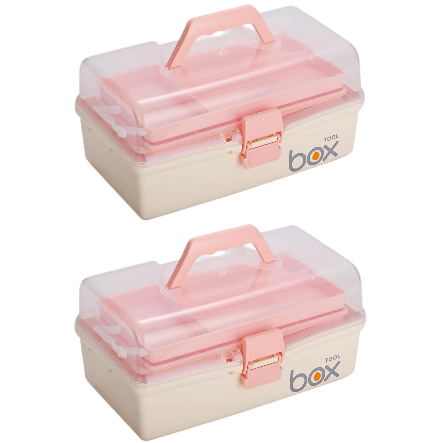2PCS 12'' Three-Layer Clear Plastic Storage Box/Tool Box, Multipurpose Organizer and Portable Handled Storage Case for Art Craft and Cosmetic (White)