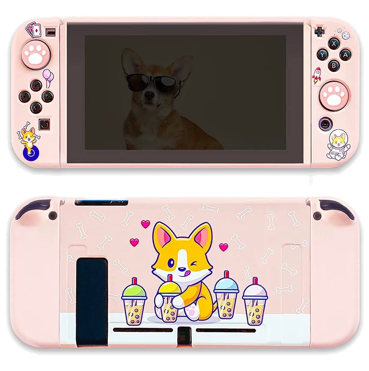 BelugaDesign Corgi Boba Switch Bundle | Cute Kawaii Dog Bubble Tea Pastel Pet Case | Cover Shell with Thumb Grips Compatible with Nintendo Switch 1 (Switch Standard, Pink)