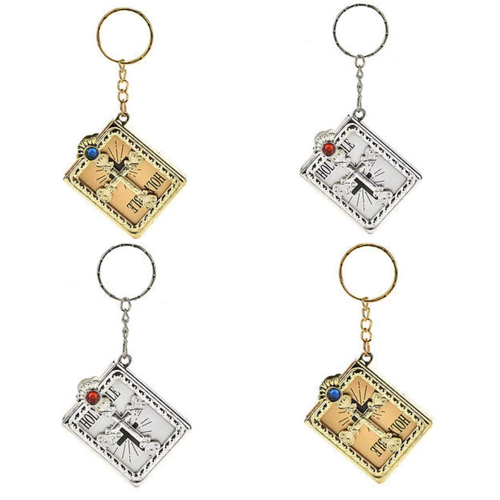 4 Pieces Mini Holy Bible Book Keychains - Miniature Paper Spiritual Christian Jesus Fashion Religious Decor Symbol Keyrings