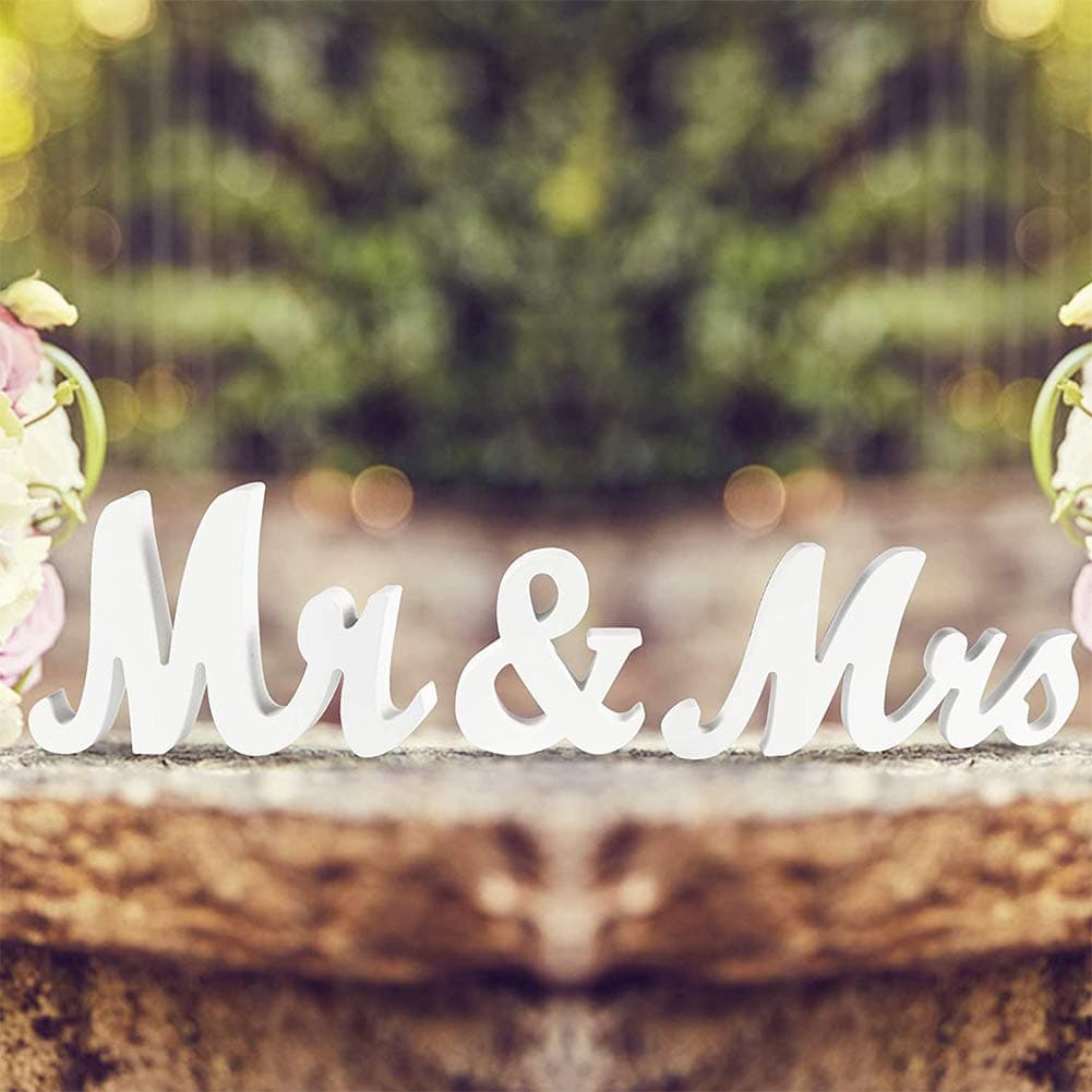 AdeeingMr and Mrs Signs Wedding Sweetheart Table Decorations, Wooden Freestanding Letters for Photo Props, Rustic Wedding Decoration, Anniversary Wedding Shower Gift (White, Small)